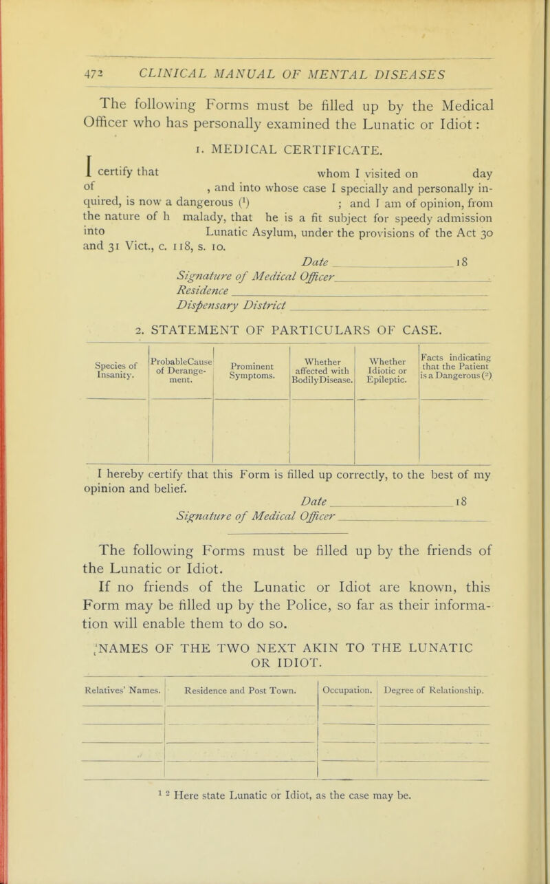 The following Forms must be filled up by the Medical Officer who has personally examined the Lunatic or Idiot: I. MEDICAL CERTIFICATE. I certify that whom I visited on day of , and into whose case I specially and personally in- quired, is now a dangerous (') ; and I am of opinion, from the nature of h malady, that he is a fit subject for speedy admission into Lunatic Asylum, under the provisions of the Act 30 and 31 Vict., c. 118, s. 10. Da^e 18 Signature of Medical Officer Residence Dispensary District 2. STATEMENT OF PARTICULARS OF CASE. Species of Insanity. ProbableCause of Derange- ment. Prominent Symptoms. Whether affected with BodilyDisease. Whether Idiotic or Epileptic. Facts indicating that the Patient is a Dangerous (2) I hereby certify that this Form is filled up correctly, to the best of my opinion and belief. Date 18 Signature of Medical Officer The following Forms must be filled up by the friends of the Lunatic or Idiot. If no friends of the Lunatic or Idiot are known, this Form may be filled up by the Police, so far as their informa- tion will enable them to do so. ,'NAMES OF THE TWO NEXT AKIN TO THE LUNATIC OR IDIOT. Relatives' Names. Residence and Post Town. Occupation. Degree of Relationship. - Here state Lunatic or Idiot, as the case may be.