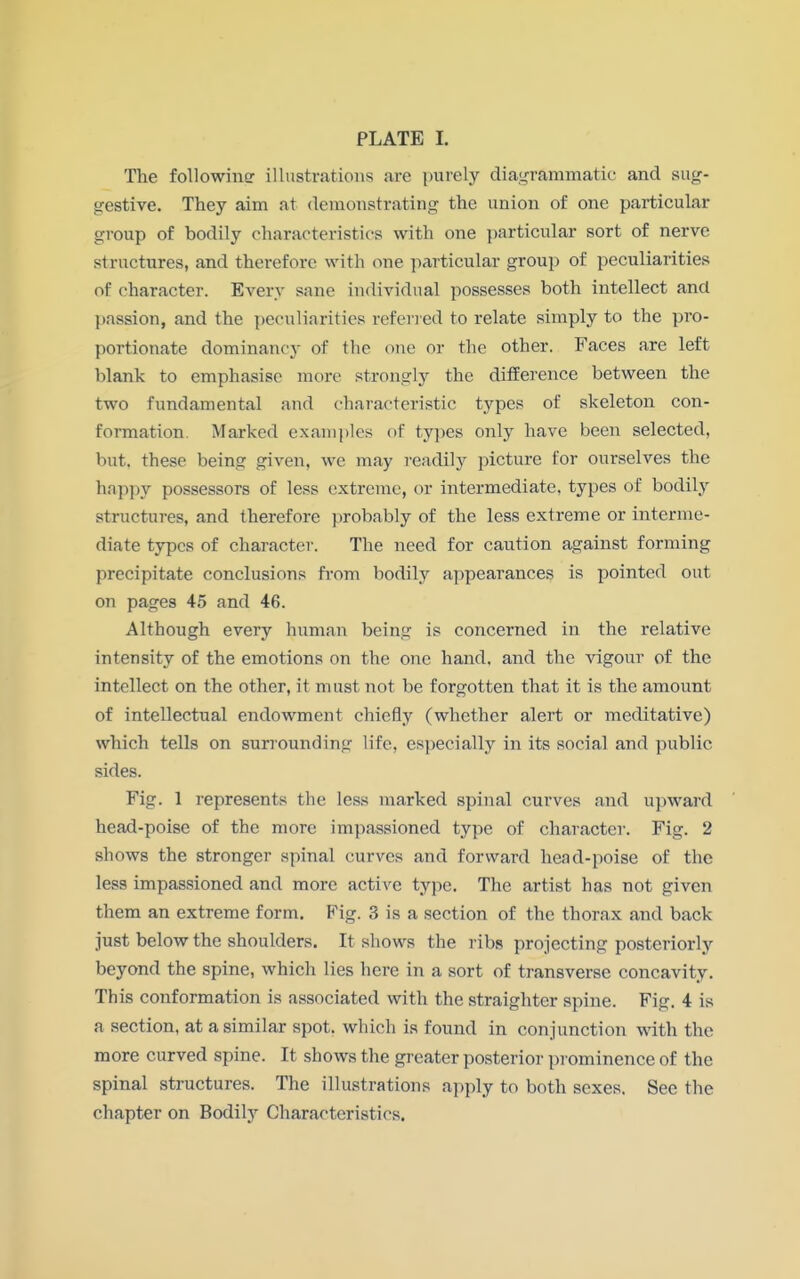 The following illustrations are purely diagrammatic and sug- gestive. They aim at demonstrating the union of one particular group of bodily characteristics with one particular sort of nerve structures, and therefore with one particular group of peculiarities of character. Every sane individual possesses both intellect and passion, and the peculiarities referred to relate simply to the pro- portionate dominancy of the one or the other. Faces are left blank to emphasise more strongly the difference between the two fundamental and characteristic types of skeleton con- formation Marked examples of types only have been selected, but, these being given, we may readily picture for ourselves the happy possessors of less extreme, or intermediate, types of bodily structures, and therefore probably of the less extreme or interme- diate types of character. The need for caution against forming precipitate conclusions from bodily appearances is pointed out on pages 45 and 46. Although every human being is concerned in the relative intensity of the emotions on the one hand, and the vigour of the intellect on the other, it must not be forgotten that it is the amount of intellectual endowment chiefly (whether alert or meditative) which tells on surrounding life, especially in its social and public sides. Fig. 1 represents the less marked spinal curves and upward head-poise of the more impassioned type of character. Fig. 2 shows the stronger spinal curves and forward head-poise of the less impassioned and more active type. The artist has not given them an extreme form. Fig. 3 is a section of the thorax and back just below the shoulders. It shows the ribs projecting posteriorly beyond the spine, which lies here in a sort of transverse concavity. This conformation is associated with the straightcr spine. Fig. 4 is a section, at a similar spot, which is found in conjunction with the more curved spine. It shows the greater posterior prominence of the spinal structures. The illustrations apply to both sexes. See the chapter on Bodily Characteristics.