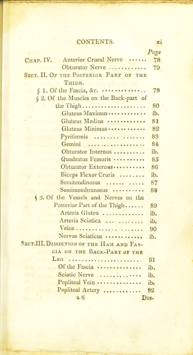 Page Chap. IV. Anterior Crural Nerve 78 Obturator Nerve 79 Sect. II. Of the Posterior Part of the Thigh. ^ 1. Of the Fascia, &c. • • • 79 § 2. Of the Muscles on the Back-part of the Thigh 80 - Gluteus Maximus • • • • ib. Gluteus Medius 81 Gluteus Minimus • • • • • • 82 Pyriformis 83 Gemini 84' Obturator Internus ib. Quadratus Femoris 85 Obturator Externws 86 , Biceps Flexor Cruris ib. Semitendinosus 87 Semimembranosus • 88 5 3. Of the Vessels and Nerves on the Posterior Part of the Thigh 89 Arteria Glutea ib. Arteria Sciatica ... ib. Veins , . 90 Nervus Sciaticus ib. Sect.III. Dissection OF the Ham and Fas- cia ON the Back-Part op the Leg 91 Of the Fascia ib. Sciatic Nerve ib. Popliteal Vein ib. Popliteal Artery 92 a 6 Dis-