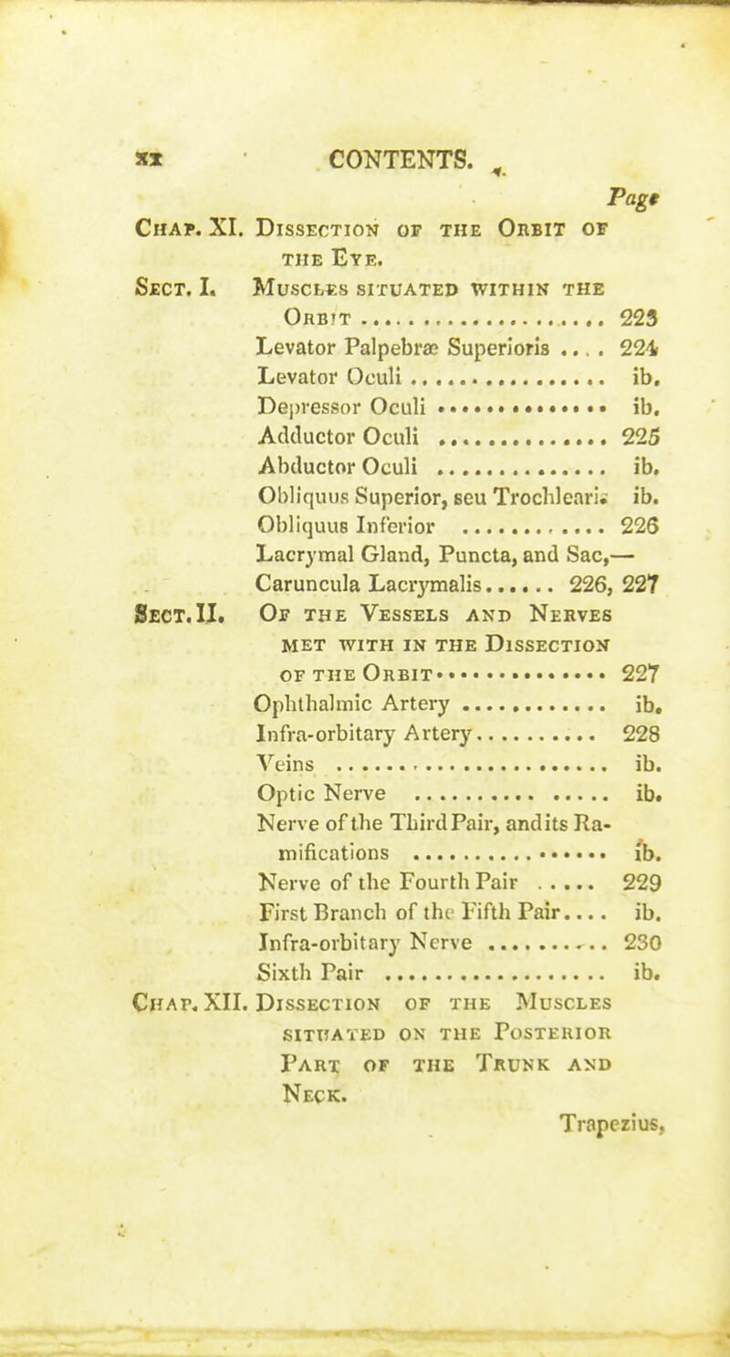 Pag* Chap. XI. Dissection op the Orbit of THE Eye. Sect. I. Muscles situated within the Orb?t 223 Levator Palpebrae Superloris .... 22-4 Levator Oculi ib. Depressor Oculi • • ib. Adductor Oculi 225 Abductor Oculi ib, Obliquus Superior, seu Trochlearis ib. Obliquus Inferior 226 Lacrymal Gland, Puncta, and Sac,— Caruncula Lacrymalis 226, 227 Sect.II. Ojf the Vessels and Nerves MET with in THE DlSSECTION OF THE Orbit 227 Ophthalmic Artery ib, Infra-orbitary Artery 228 Veins ib. Optic Nerve ..... ib. Nerve of the Third Pair, and its Ra- mifications lb. Nerve of the Fourth Pair 229 First Branch of the Fifth Pair.... ib. Infra-orbitary Nerve 230 Sixth Pair ib. Chap. XII. Dissection of the Muscles situated on the Posterior Part of the Trunk and Neck. Trapezius,
