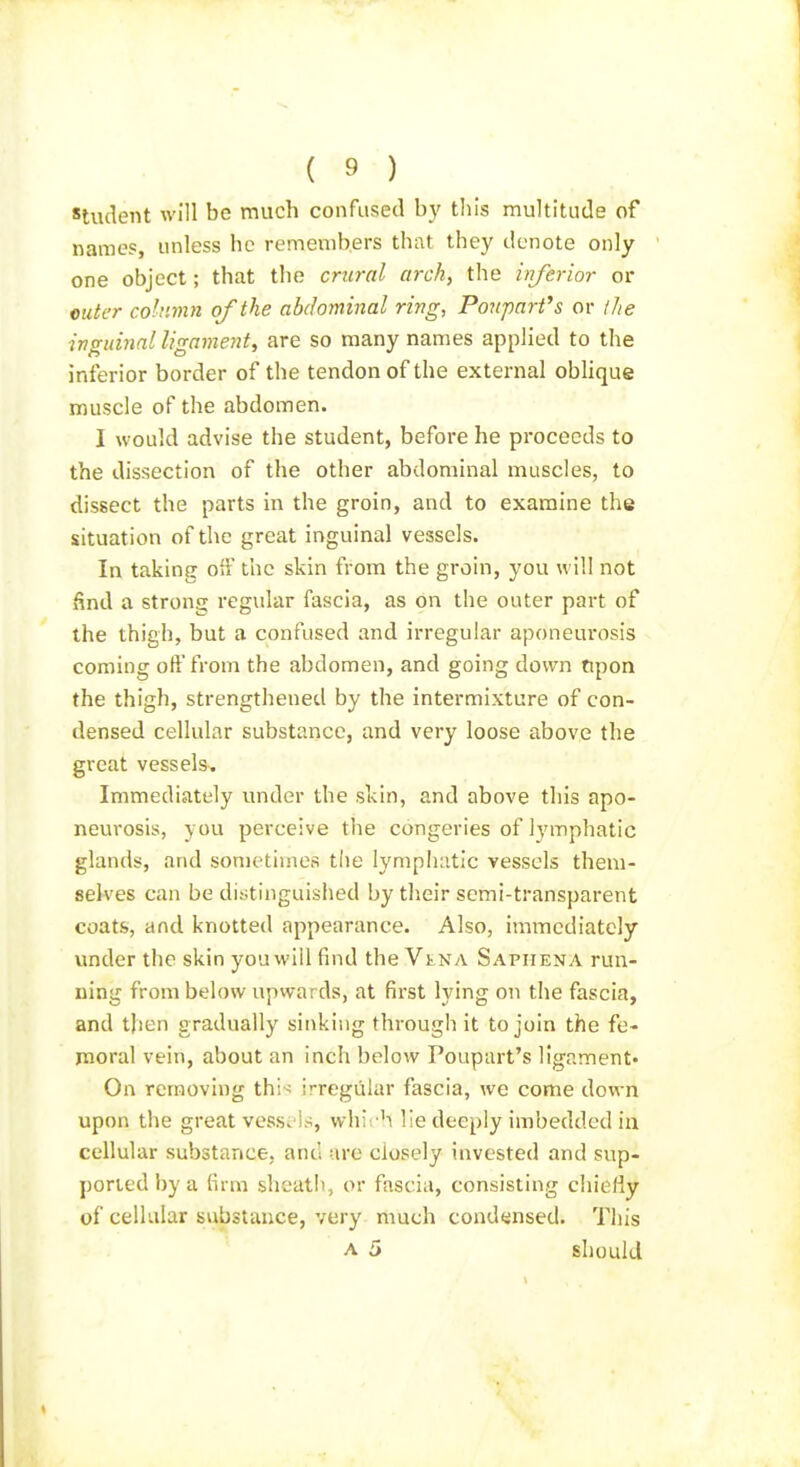 student will be much confused by this multitude of names, unless he remembers that they denote only one object; that the crural arch, the inferior or mtcr column of the abdominal ring, Ponpari's or l/ie inguinal ligament, are so many names applied to the inferior border of the tendon of the external obhque muscle of the abdomen. I would advise the student, before he proceeds to the dissection of the other abdominal muscles, to dissect the parts in the groin, and to examine the situation of the great inguinal vessels. In taking off the skin from the groin, you will not find a strong regular fascia, as on the outer part of the thigh, but a confused and irregular aponeurosis coming oft from the abdomen, and going down tipon the thigh, strengthened by the intermixture of con- densed cellular substance, and very loose above the great vessels. Immediately under the skin, and above this apo- neurosis, you perceive the congeries of lymphatic glands, and sometimes tlie lymphatic vessels them- selves can be distinguished by their semi-transparent coats, and knotted appearance. Also, immediately vmder the skin you will find the VtNA Sapiiena run- ning from below upwards, at first lying on the fascia, and then gradually sinking through it to join the fe- moral vein, about an inch below Poupart's ligament' On removing thi'^ irregular fascia, we come down upon the great vessi ls, whi-h lie deeply imbedded in cellular substance, and are closely invested and sup- ported l)y a firm sheatli, or fascia, consisting chiefly of celKilar substance, very much condensed. This A 5 should