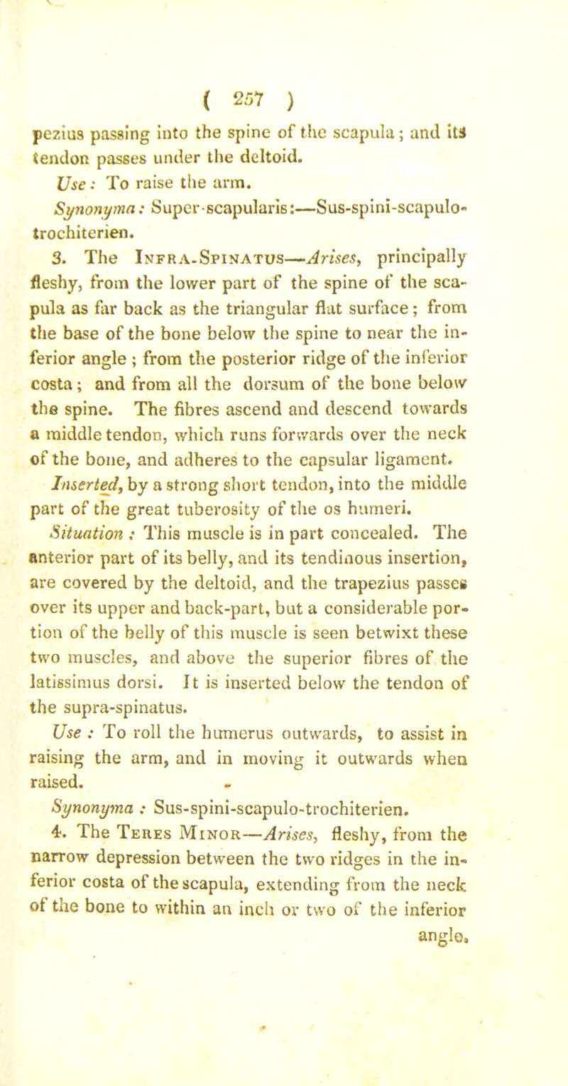 pezius passing Into the spine of the scapula ; and its tendon passes under the deltoid. Use: To raise the arm. Synonyma: Super-scapularis:—Sus-spini-scapulo- trochiterien. 3. The Infra.Spinatos—Arises, principally fleshy, from the lower part of the spine of the sca- pula as far back as the triangular flat surface; from the base of the bone below the spine to near the in- ferior angle ; from the posterior ridge of the inferior costa; and from all the dorsum of the bone below the spine. The fibres ascend and descend towards a middle tendon, which runs forwards over the neck of the bone, and adheres to the capsular ligament. Inserted, by a strong short tendon, into the middle part of the great tuberosity of tlie os humeri. Situation : This muscle is in part concealed. The anterior part of its belly, and its tendinous insertion, are covered by the deltoid, and the trapezius passes over its upper and back-part, but a considerable por- tion of the belly of this muscle is seen betwixt these two muscles, and above the superior fibres of the latissimus dorsi. It is inserted below the tendon of the supra-spinatus. Use : To roll the humerus outwards, to assist in raising the arm, and in moving it outwards whea raised. Synonyma : Sus-spini-scapulo-trochiterien. 4. The Teres Minor—Arises, fleshy, from the narrow depression between the two ridges in the in- ferior costa of the scapula, extending from the neck of the bone to within an inch or two of the inferior angle.