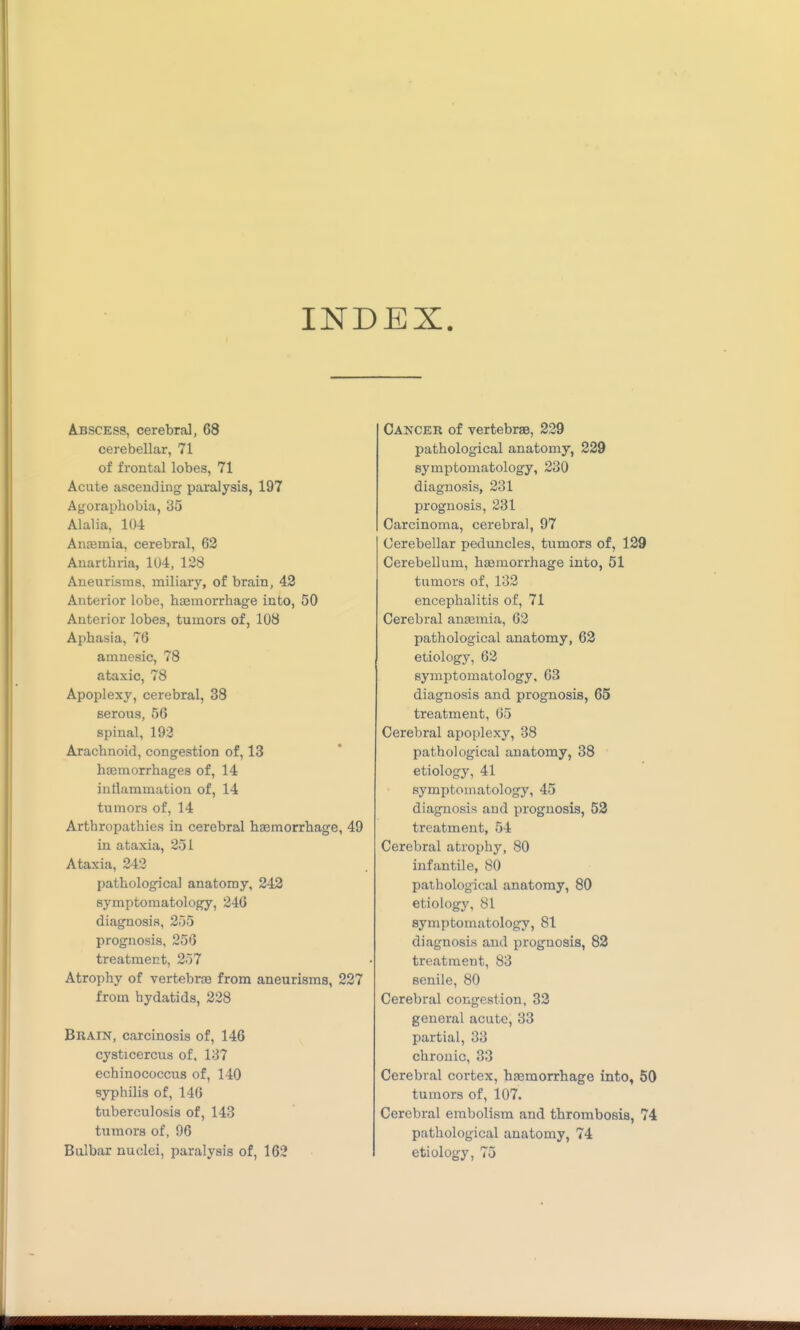 Abscess, cerebral, 68 cerebellar, 71 of frontal lobes, 71 Acute ascending paralysis, 197 Agoraphobia, 35 Alalia, 10-4 Anaemia, cerebral, 62 Anarthria, 104, 128 Aneurisms, miliary, of brain, 42 Anterior lobe, haemorrhage into, 50 Anterior lobes, tumors of, 108 Aphasia, 76 amnesic, 78 ataxic, 78 Apoplexy, cerebral, 38 serous, 56 spinal, 193 Arachnoid, congestion of, 13 haemorrhages of, 14 inflammation of, 14 tumors of, 14 Arthropathies in cerebral haemorrhage, 49 in ataxia, 251 Ataxia, 243 pathological anatomy, 242 symptomatology, 246 diagnosis, 255 prognosis, 256 treatment, 257 Atrophy of vertebrfe from aneurisms, 227 from hydatids, 228 BRAm, carcinosis of, 146 cysticercus of. 137 echinococcus of, 140 syphilis of, 146 tuberculosis of, 143 tumors of, 96 Bulbar nuclei, paralysis of, 162 Cancer of vertebrae, 229 pathological anatomy, 229 symptomatology, 230 diagnosis, 231 prognosis, 231 Carcinoma, cerebral, 97 Cerebellar peduncles, tumors of, 129 Cerebellum, hgemorrhage into, 51 tumors of, 132 encephalitis of, 71 Cerebral antemia, 63 pathological anatomy, 62 etiology, 62 symptomatology, 63 diagnosis and prognosis, 65 treatment, G5 Cerebral apoplexy, 38 pathological anatomy, 38 etiology, 41 symptomatology, 45 diagnosis and prognosis, 53 treatment, 54 Cerebral atrophy, 80 infantile, 80 pathological anatomy, 80 etiology, 81 symptomatology, 81 diagnosis and prognosis, 82 treatment, 83 senile, 80 Cerebral congestion, 32 general acute, 33 partial, 33 chronic, 33 Cerebral cortex, haemorrhage into, 50 tumors of, 107. Cerebral embolism and thrombosis, 74 pathological anatomy, 74 etiology, 75