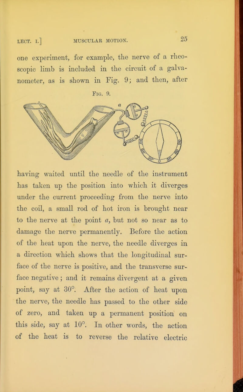 LECT. I.] MUSCULAR MOTION. one experiment, for example, the nerve of a rheo- scopic limb is included in the circuit of a galva- nometer, as is shown in Fig. 9; and then, after Fig. 9. having waited until the needle of the instrument has taken up the position into which it diverges under the current proceeding from the nerve into the coil, a small rod of hot iron is brought near to the nerve at the point a, but not so near as to damage the nerve permanently. Before the action of the heat upon the nerve, the needle diverges in a direction which shows that the longitudinal sur- face of the nerve is positive, and the transverse sur- face negative ; and it remains divergent at a given point, say at 30°. After the action of heat upon the nerve, the needle has passed to the other side of zero, and taken up a permanent position on this side, say at 10°. In other words, the action of the heat is to reverse the relative electric