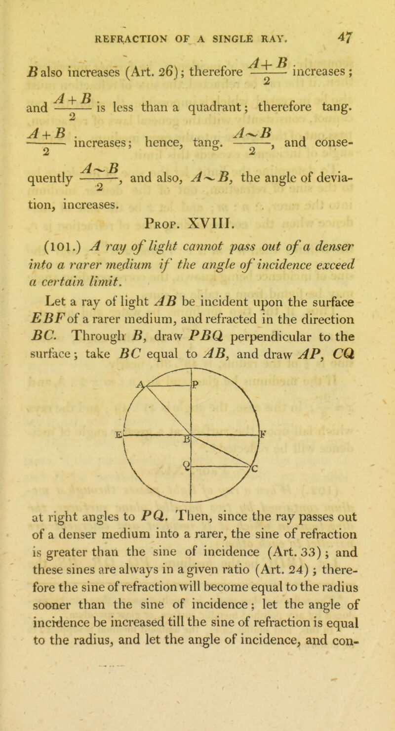 B also increases (Art. 26); therefore — increases ; and A + B is less than a quadrant; therefore tang. increases; hence, tang;. , and conse- A'^B quently and also, A^B, the angle of devia- tion, increases. Prop. XVIII. (101.) A ray of light cannot pass out of a denser into a rarer medium if the angle of incidence exceed a certain limit. Let a ray of light AB be incident upon the surface JEBFof a. rarer medium, and refracted in the direction BC. Through B, draw PBQ perpendicular to the surface; take BC equal to AB, and draw AP, CQ at right angles to PQ. Then, since the ray passes out of a denser medium into a rarer, the sine of refraction is greater than the sine of incidence (Art. 33); and these sines are always in a given ratio (Art. 24); there- fore the sine of refraction will become equal to the radius sooner than the sine of incidence; let the angle of incidence be increased till the sine of refraction is equal to the radius, and let the angle of incidence, and con-