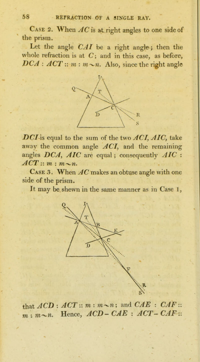 Case 2. When AC is at right angles to one side of the prism. Let the angle CJI be a right angle; then the whole refraction is at C; and in this case, as before, DC A : ACT :: m : m-^n. Also, since the right angle DCIis equal to the sum of the two A CI, AIC, take away the common angle ACI, and the remaining angles DCA, AIC are equal; consequently AIC : ACT I', m : m^n. Case 3. When AC makes an obtuse angle with one side of the prism. It may be. shewn in the same manner as in Case 1, that ACD I ACT '.', m : m^n; and CAE : CAF:: m ; m-^n. Hence, ACD- CAE : ACT-- CAF::