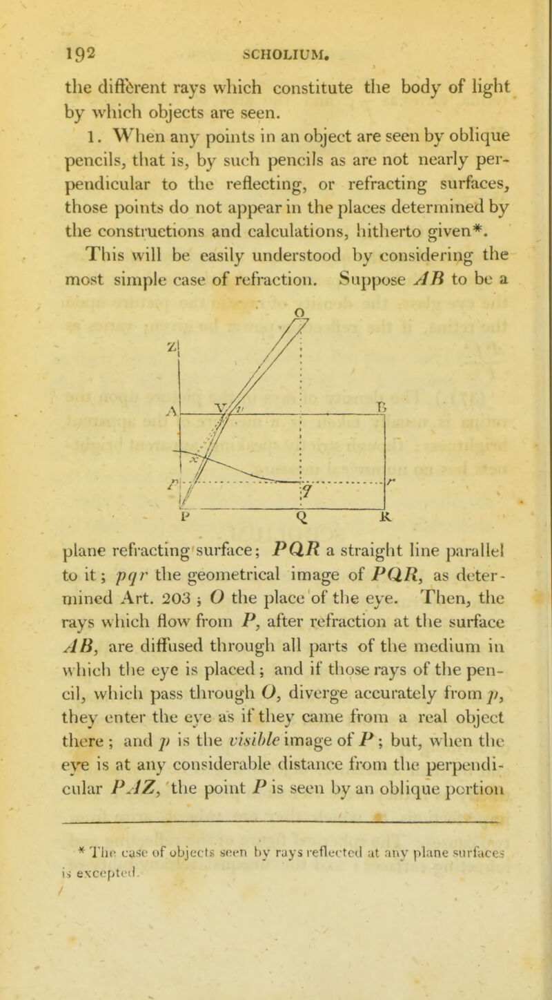 the cllftbrent rays which constitute the body of Hght by which objects are seen. 1. When any points in an object are seen by obhque pencils, that is, by such pencils as are not nearly per- pendicular to the reflecting, or refracting surfaces, those points do not appear in the places determined by the constructions and calculations, hitherto given*. This will be easily understood by considering the most simple case of refraction. Suppose AB to be a o A '/I/ 1 1/ ^ plane refracting surface; PQR a straight line parallel to it; pgr the geometrical image of PQR, as deter- niined Art. 203 O the place of the eye. Then, the rays which flow from P, after refraction at the surface AB, are diffused through all parts of the medium in which the eye is placed; and if those rays of the pen- cil, which pass through O, diverge accurately from p, they enter the eye as if they came from a real object there ; and p is the visible image of jP ; but, when the evG is at any considerable distance from the perpendi- cular PAZ, the point P is seen by an oblique portion * The case of objects seen by rays reflected at any plane surfaces is exceptod /