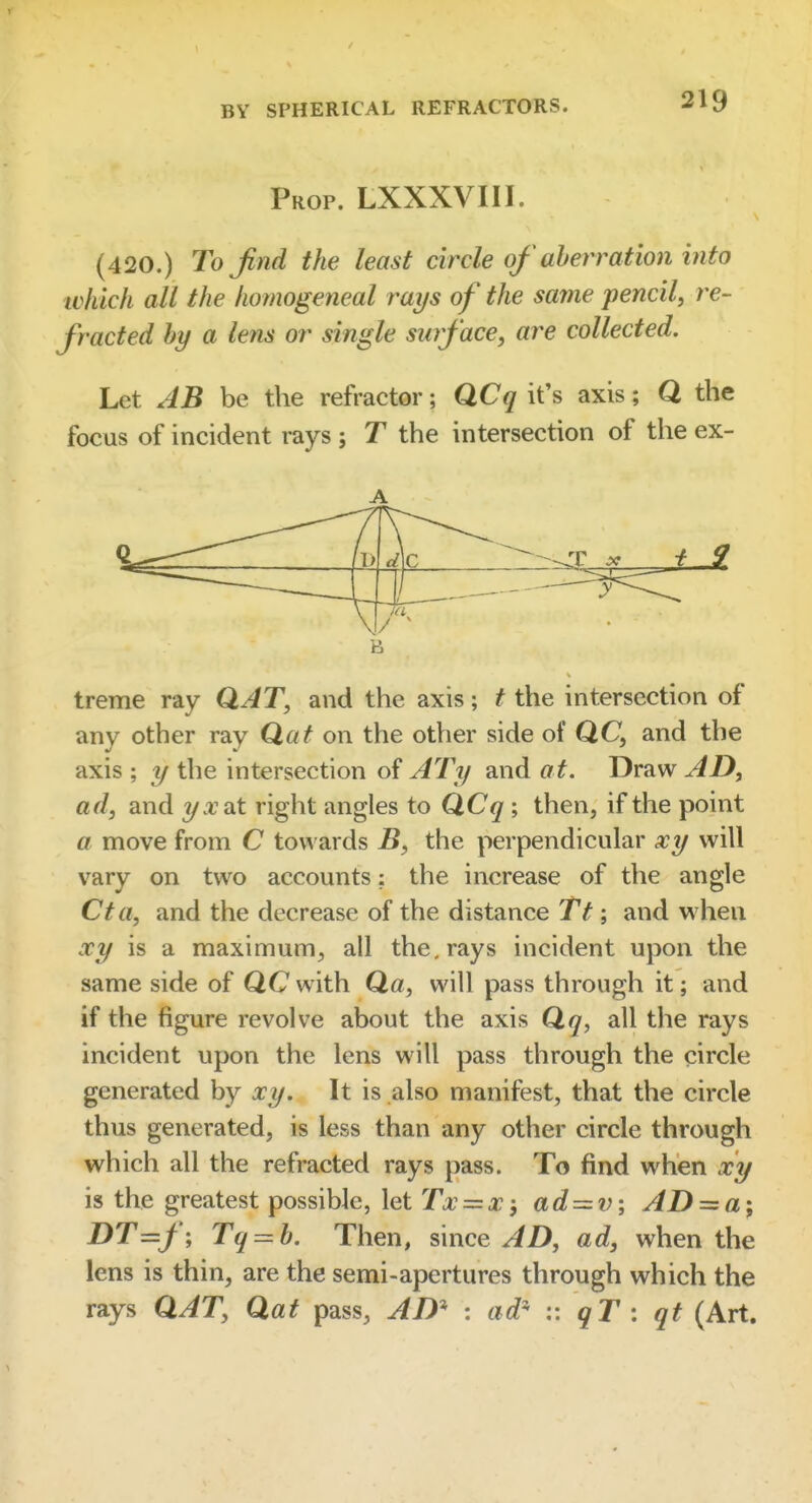 Prop. LXXXVIII. (420.) Tojind the least circle of aherration into ivhicli all the homogeneal rays of the same pencil, re- fracted by a lens or single surface, are collected. Let AB be the refractor; QCq it's axis; Q the focus of incident rays ; T the intersection of the ex- A treme ray QAT, and the axis; t the intersection of any other ray Qat on the other side of QC, and the axis ; y the intersection of ATy and at. Draw AD, ad, and yxdX right angles to QCq; then, if the point a move from C towards B, the perpendicular xy will vary on two accounts; the increase of the angle Cta, and the decrease of the distance Tt; and when xy is a maximum^, all the, rays incident upon the same side of QC with Qa, will pass through it; and if the figure revolve about the axis Qq, all the rays incident upon the lens will pass through the circle generated by xy. It is also manifest, that the circle thus generated, is less than any other circle through which all the refracted rays pass. To find when xy is the greatest possible, let Tx=zx; ad = v; AD=:a; DT=f ; Tq = b. Then, since ^D, ad, when the lens is thin, are the semi-apertures through which the rays QAT, Qat pass, AD^ : ad- :: qT \ qt (Art.