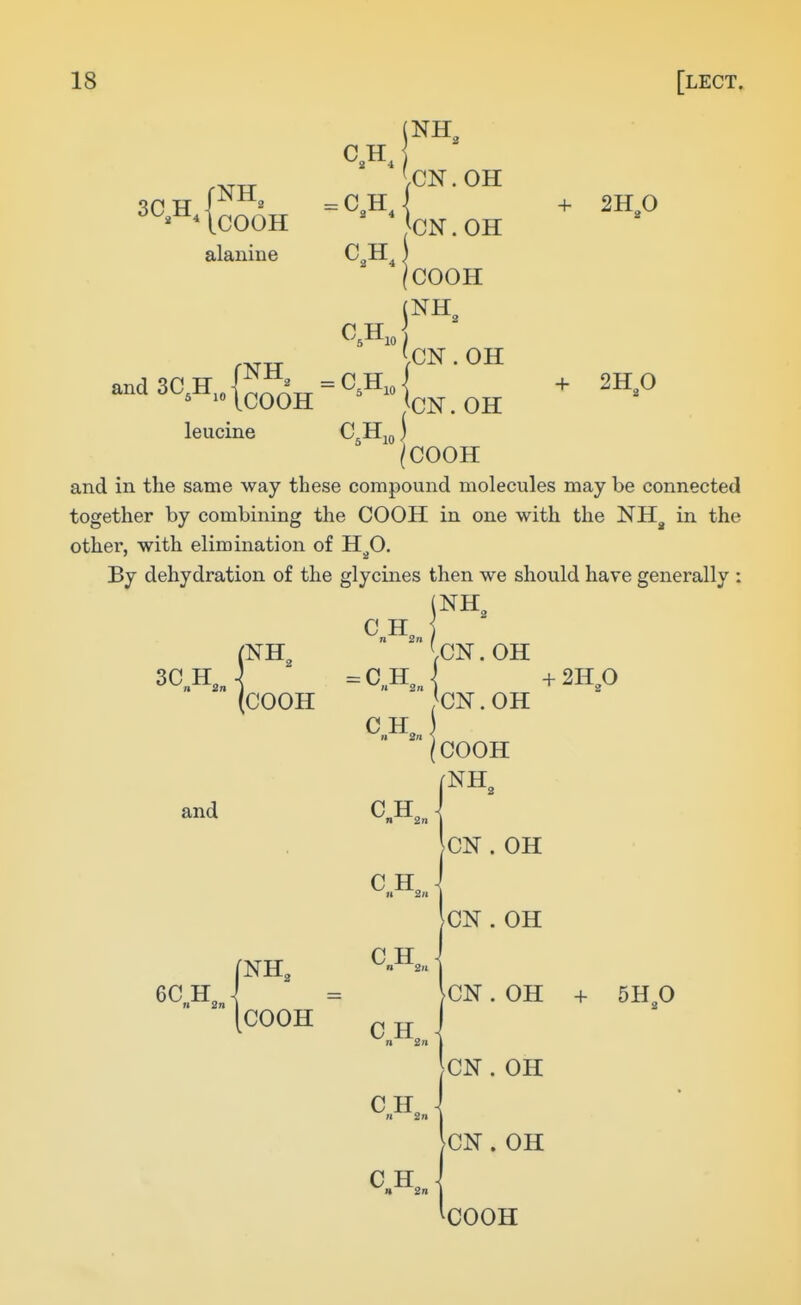 alanine INK ,CN. OH }CN. OH + 2H^0 2 = , „^ fNH and 3C,H,„|^^^jj leucine 'COOH jNH, CN . OH CN. OH + 2H,0 (coon and in the same way these compound molecules may be connected together by combining the COOH in one with the NH^ in the other, with elimination of H^O. By dehydration of the glycines then we should have generally : (NH, C H„ NH„ 3C H,„ (COOH and -ti„ ) n 2n / C H i  2n I n 2n CN. OH CN.OH COOH fNH + 2H O 6C H, i n 2n fNH^ COOH C.H C H, n 2n C H, n 2n C H^ n 2n CH ^ n 2n n 2n