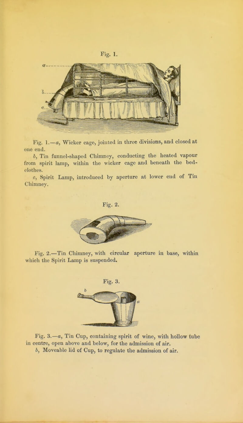 Fig. I.—a, Wicker cage, jointed in three divisions, and closed at one end. b, Tin funnel-shaped Chimney, conducting the heated vapour from spirit lamp, within the w icker cage and beneath the bed- clothes. c, Spirit Lamp, introduced by aperture at lower end of Tin Chimney. Fig. 2. Fig. 2.—Tin Chimney, with circular aperture in base, within which the Spirit Lamp is suspended. Fig. 3. Fig. 3.—a, Tin Cup, containing spirit of wine, with hollow tube in centre, open above and below, for the admission of air. b, Moveable lid of Cup, to regulate the admission of air.