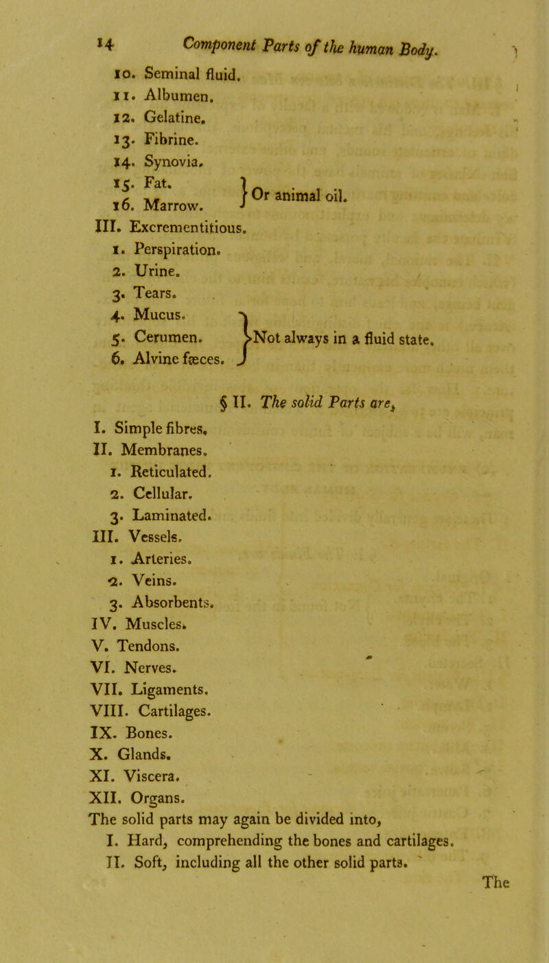 10. Seminal fluid, H. Albumen. 12. Gelatine, 13. Fibrine. 14. Synovia, 15. Fat. 1 _ . , x/f f Or animal oil. 10. Marrow. III. Excrementitious. I. Perspiration. 2. Urine. 3. Tears. 4. Mucus. 5. Cerumen. ^Not always in a fluid state. 6» Alvine fseces. eces, ^ § II. The solid Parts are,, I. Simple fibres, II. Membranes. 1. Reticulated. 2. Cellular. 3. Laminated. III. Vessels, I. Arteries. ^5. Veins. 3. Absorbents. IV. Muscles* V. Tendons, VI. Nerves. VII. Ligaments, VIII. Cartilages. IX. Bones. X. Glands. XI. Viscera. XII. Organs. The solid parts may again be divided into, I. Hard, comprehending the bones and cartilages. II. Soft, including all the other solid parts.