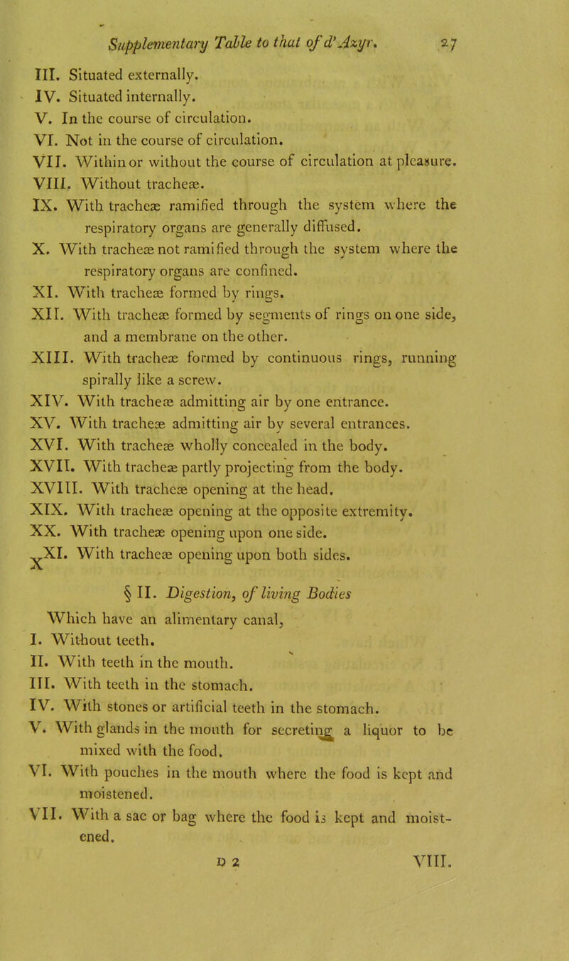 III. Situated externally. IV. Situated internally. V. In the course of circulation. VI. Not in the course of circulation. VII. Within or without the course of circulation at pleasure. VIII. Without trachea. IX. With tracheas ramified through the system where the respiratory organs are generally diffused, X. With tracheas not ramified through the system where the respiratory organs are confined. XI. With tracheae formed by rings, XII. With tracheae formed by segments of rings on one side, and a membrane on the other. XIII. With tracheae formed by continuous rings, running spirally like a screw. XIV. With trachete admitting air by one entrance. XV. With tracheae admitting air by several entrances. XVI. With tracheae wholly concealed in the body. XVII. With trachea partly projecting from the body. XVIII. With tracheae opening at the head. XIX. With tracheas opening at the opposite extremity. XX. With tracheae opening upon one side. ^XI. With tracheae opening upon both sides. § II. Digestion^ of living Bodies Which have an alimentary canal, I. Wit^iout teeth. II. With teeth in the mouth. III. With teeth in the stomach. IV. With stones or artificial teeth in the stomach. V. With glands in the mouth for secretiii^ a liquor to be mixed with the food. VI. With pouches in the mouth where the food is kept and moistened. VII. With a sac or bag where the food is kept and moist- ened. o 2 VIII.
