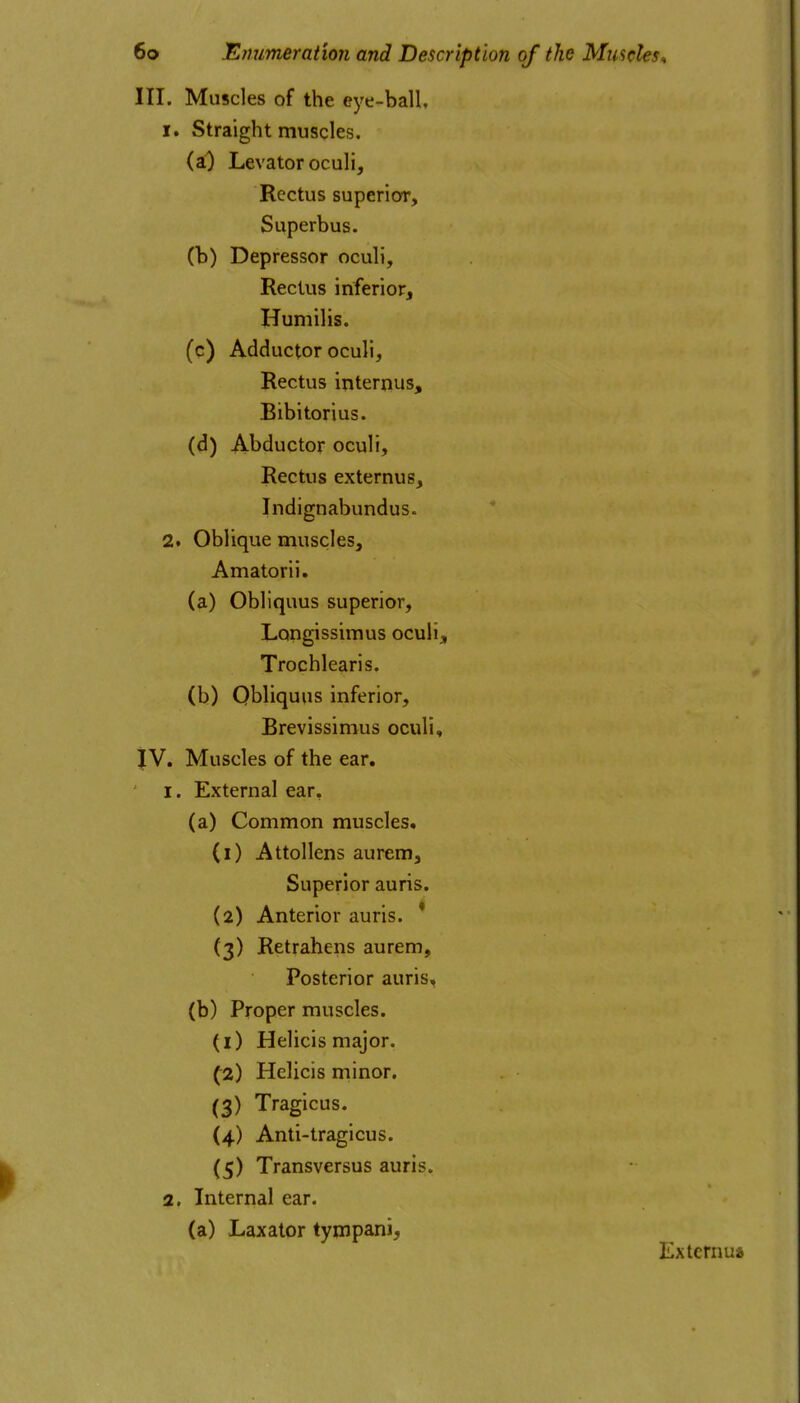 III. Muscles of the eye-ball, 1. Straight muscles, (aO Levator oculi. Rectus superior, Superbus. (b) Depressor oculi. Rectus inferior, Humilis. (c) Adductor oculi. Rectus internus, Bibitorius. (d) Abductor oculi. Rectus externus, Indignabundus. 2. Oblique muscles, Amatorii. (a) Obliquus superior, Longissimus oculi, Trochlearis. (b) Qbliquus inferior, Brevissimus oculi, jV. Muscles of the ear, ' I. External ear, (a) Common muscles. (1) Attollens aurem, Superior auris. (2) Anterior auris, * (3) Retrahens aurem. Posterior auris, (b) Proper muscles. (1) Helicis major. (2) Helicis minor. (3) Tragicus. (4) Anti-tragicus. (5) Transversus auris. 2, Internal ear. (a) Laxator tympani, Externus