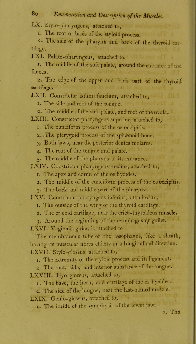 LX. Slylo-pharyngeus, attached to, 1. The root or basis of the styloid process. 2. The side of the pharynx and back of the thyroid car- til age. L.XT. Palato-pharyngeus, attached to, J. The middle of the soft palate, around the entrance of the fauces. 2. The edge of the upper and back part of the thyroid ©artilage. LXII. Constrictor isthmi faucium, attached to, 1. The side and root of the tongue. 2. The middle of the soft palate, and root of the uvula. tiXIII. Constrictor pharyngeus superior, attached to, 1. The cuneiform process of the os occipitis. 2..The pterygoid process of the sphaenoid bone. 3. Both jaws, near the posterior dentes molares. 4. The root of the tongue and palate. 5. The middle of the pharynx at its entrance. LXIV. Constrictor pharyngeus medius, attached to, 1. The apex and cornu of the os hyoides. 2. The middle of the cuneiform process of the osoccipitis- 3. The back and middle part of the pharynx. I^XX'^. Constrictor pharyngeus inferior, attached to, 1. The outside of the wing of the thyroid cartilage. 2. The cricoid cartilage, near the crico-thyroideus muscle. 3. Around the beginning of the oesophagus cy gullet. LXVr. Vaginalis gulas, is attached to The membranous tube of the oesophagus, like a sheath, having its muscular fibres chiefly in a longitudinal direction. LXVII. Stylo-glossus, attached to, 1. The extremity of the styloid process and its ligament. 2. The root, side, and interior substance of the tongue. LXVIII. Hyo-glossus, attached to, 1. The base, the horn, and cartilage of the os hyoides. 2. The side of the tongue, neat the last-named mu§cle. LXIX. Gcnio-glossus, attached to, I . The inside of the s»vmphvsis of the lower jaw. 2. Th(t