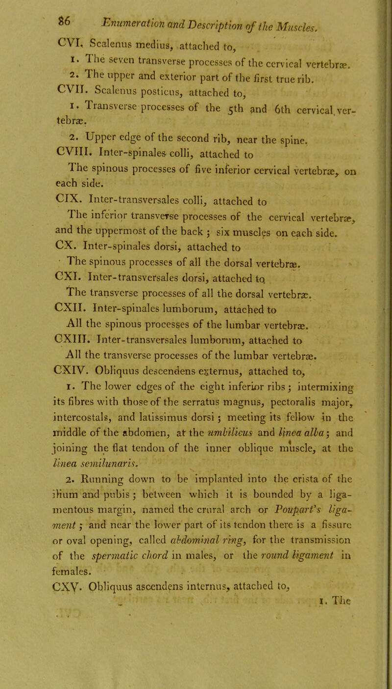 CVI, Scalenus medius, attached to, 1. The seven transverse processes of the cervical vertel)rae. 2. The upper and exterior part of the first true rib. CVII. Scalenus posticus, attached to, 1. Transverse processes of the 5th 3nd 6th cervical.ver- tebras. 2. Upper edge of the second rib, near the spine. CVIII. Inter-spinales colli, attached to The spinous processes of five inferior cervical vertebrce,. on each side. CIX. Inter-transversales colli, attached to The inferior transverse processes of the cervical vertebrse, and the uppermost of the back ; six muscles on each side, ex. Inter-spinales dorsi, attached to ■ The spinous processes of all the dorsal vertebra. CXI. Inter-transversales dorsi, attached to. The transverse processes of all the dorsal vertebra?. CXII. Inter-spinales lumborum, attached to All the spinous processes of the lumbar vertebrae. GXIII. Inter-transversales lumborum, attached to AW the transverse processes of the lumbar vertebrae. CXIV. Obliquus descendens e^ternus, attached to, 1. The lower edges of the eieht inferif)r ribs : intermixin£r its fibres with those of the serratus magnus, pectoralis major, intercostals, and latissimus dorsi ; meeting its fellow in the middle of the abdomen, at the umhilicus and I'lnea alia; and joining the flat tendon of the inner oblique muscle, at the linea semilunaris. 2. Running down to be implanted into the crista of the jHum and pubis ; between which it is bounded by a liga- mentous margin, named the crural arch or Povpart^s liga- ment J and near the lower part of its tendon there is a fissure or oval opening, called ahdominal ring, for the transmission of the spermatic chord in males, or the round ligament in females. CXV- Obliquus asccndens internus, attached to, I. The