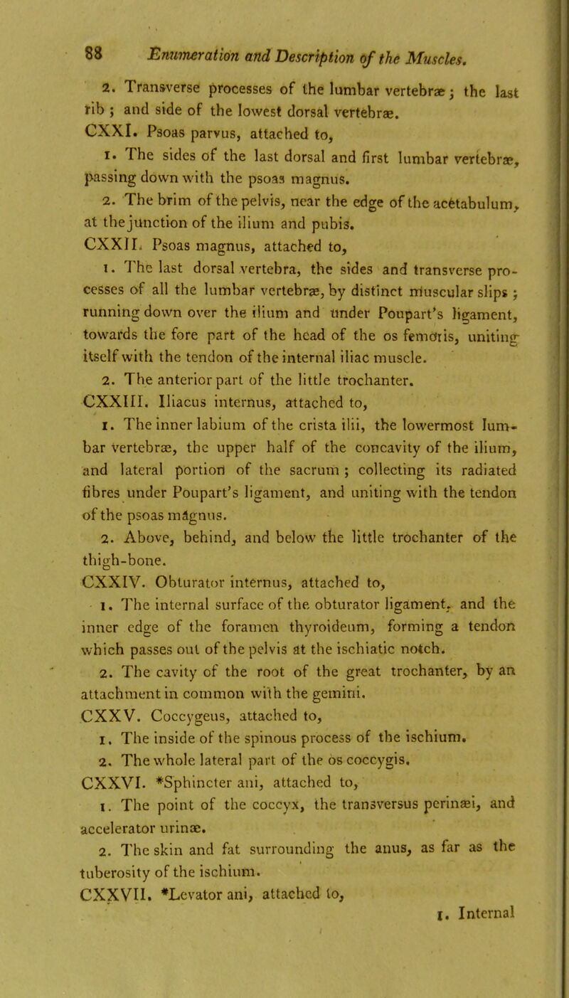 2. Transverse processes of the lumbar vertebrae; the last rib ; and side of the lowest dorsal vertebrae. CXXI. Psoas parvus, attached to, 1. The sides of the last dorsal and first lumbar vertebrae, passing downv^'ith the psoas magnus. 2. The brim of the pelvis, near the edge of the acaabulum» at thejunction of the ilium and pubis. CXXIL Psoas magnus, attached to, 1. The last dorsal vertebra, the sides and transverse pro- cesses of all the lumbar vertebrae, by distinct rriuscular slips ; running down over the ilium and tmder Poupart's litrament, towards the fore part of the head of the os femoris, uniting itself with the tendon of the internal iliac muscle. 2. The anterior part of the little trochanter. CXXIII. Iliacus internus, attached to, 1. The inner labium of the crista ilii, the lowermost lum- bar Vertebrae, the upper half of the concavity of the ilium, and lateral portioii of the sacrum ; collecting its radiated fibres under Poupart's ligament, and uniting with the tendon of the psoas mignus. 2. Above, behind, and below the little trochanter of the thigh-bone. CXXIV. Obturator internus, attached to, 1. The internal surface of the obturator ligament, and the inner edge of the foramen thyroideum, forming a tendon which passes out of the pelvis dt the ischiatic notch. 2. The cavity of the root of the great trochanter, by an attachment in common with the gemini. CXXV. Coccygeus, attached to, 1. The inside of the spinous process of the ischium. 2. The whole lateral part of the oscoccygis. CXXVI. ^Sphincter ani, attached to, 1. The point of the coccyx, the transversus pcrinaei, and accelerator urinae. 2. The skin and fat surrounding the anus, as far as the tuberosity of the ischium. CXXVIl. *Lcvator ani, attached lo, I. Internal
