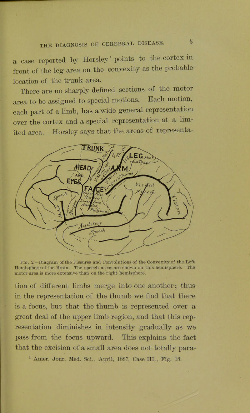 a case reported by Horsley' points to the cortex in front of the leg area on the convexity as the probable location of the trunk area. There are no sharply defined sections of the motor area to be assigned to special motions. Each motion, each part of a limb, has a wide general representation over the cortex and a special representation at a lim- ited area. Horsley says that the areas of representa- Fig. 2.—Diagram of the Fissures and Convolutions of the Convexity of the Left Hemisphere of the Brain. The speech areas are shown on this hemisphere. The motor area is more extensive than on the right hemisphere. tion of different limbs merge into one another; thus in the representation of the thumb we find that there is a focus, but that the thumb is represented over a great deal of the upper limb region, and that this rep- resentation diminishes in intensity gradually as we pass from the focus upward. This explains the fact that the excision of a small area does not totally para- > Amer. Jour. Med. Sci., April, 1887, Case III., Fig. 18.