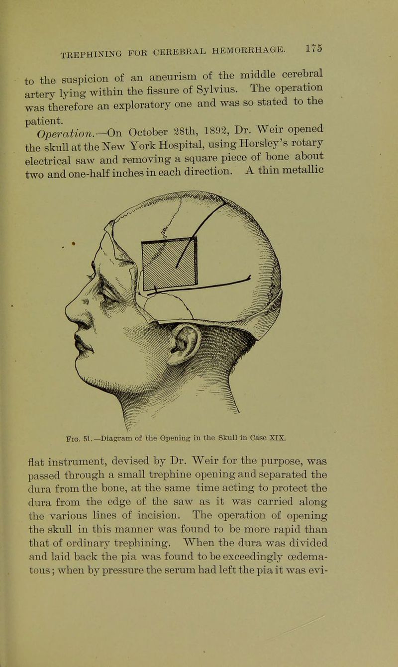 to the suspicion of an aneurism of the middle cerebral artery lying within the fissure of Sylvius. The operation was therefore an exploratory one and was so stated to the patient. . Operation.-On October 28th, 1892, Dr. Weir opened the skull at the New York Hospital, using Horsley's rotary electrical saw and removing a square piece of bone about two and one-half inches in each direction. A thin metallic Fig. 51.—Diagram of the Opening in the Skull in Case XIX. flat instrument, devised by Dr. Weir for the purpose, was passed through a small trephine opening and separated the dura from the bone, at the same time acting to protect the dura from the edge of the saw as it was carried along the various lines of incision. The operation of opening the skull in this manner was found to be more rapid than that of ordinary trephining. When the dura was divided and laid back the pia was found to be exceedingly cedema- tous; when by pressure the serum had left the pia it was evi-