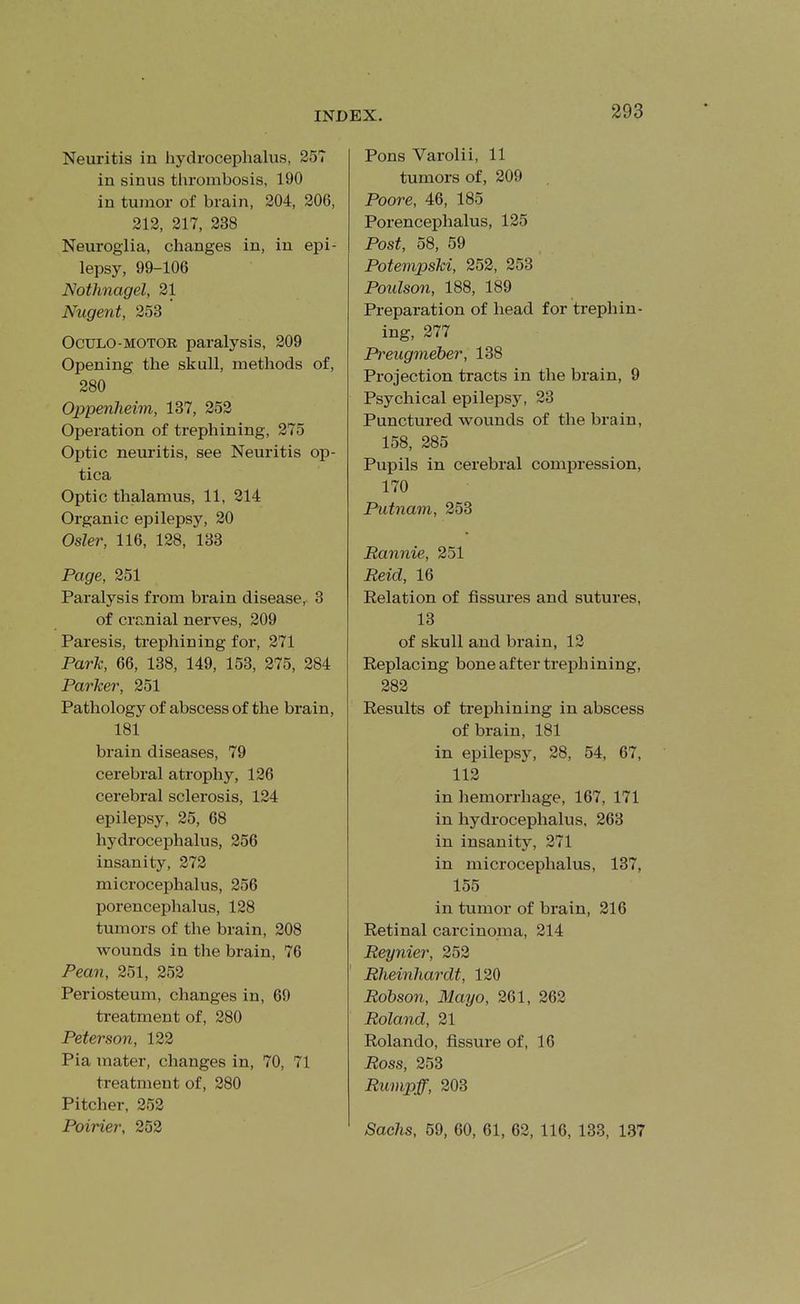 Neuritis in hydrocephalus, 257 in sinus tlirombosis, 190 in tumor of brain, 304, 206, 212, 217, 238 Neuroglia, changes in, in epi- lepsy, 99-106 Nothnagel, 21 Nugent, 253 OcuLO-MOTOR paralysis, 209 Opening the skull, methods of, 280 Oppenheim, 137, 252 Operation of trephining, 275 Optic neuritis, see Neuritis op- tica Optic thalamus, 11, 214 Organic epilepsy, 20 Osier, 116, 128, 133 Page, 251 Paralysis from brain disease, 3 of cranial nerves, 209 Paresis, trephining for, 271 Park, 66, 138, 149, 153, 275, 284 Parker, 251 Pathology of abscess of the brain, 181 brain diseases, 79 cerebral atrophy, 126 cerebral sclerosis, 124 epilepsy, 25, 68 hydrocephalus, 256 insanity, 272 microcephalus, 256 porencephalus, 128 tumors of the brain, 208 wounds in the brain, 76 Pean, 251, 252 Periosteum, changes in, 69 treatment of, 280 Peterson, 122 Pia mater, changes in, 70, 71 treatment of, 280 Pitcher, 252 Poirier, 252 Pons Varolii, 11 tumors of, 209 Poore, 46, 185 Porencephalus, 125 Post, 58, 59 Potempski, 252, 253 Poulson, 188, 189 Preparation of head for trephin- ing, 277 Preugmeber, 138 Projection tracts in the brain, 9 Psychical epilepsy, 23 Punctured wounds of the brain, 158, 285 Pupils in cerebral compression, 170 Putnam, 253 Rannie, 251 Reid, 16 Relation of fissures and sutures, 13 of skull and brain, 12 Replacing bone after treph ining, 282 Results of ti-ephining in abscess of brain, 181 in epilepsy, 28, 54, 67, 112 in hemorrhage, 167, 171 in hydrocephalus, 263 in insanity, 271 in microcephalus, 137, 155 in tumor of brain, 216 Retinal carcinoma, 214 Reynier, 252 Rheinhardt, 120 Robson, Mayo, 261, 262 Roland, 21 Rolando, fissure of, 16 Ross, 258 Rumpff, 203 Sachs, 59, 60, 61, 62, 116, 133, 137