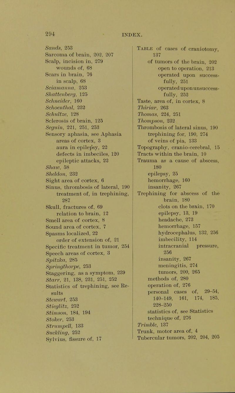 Sands, 253 Sarcoma of brain, 202, 207 Scalp, incision in, 279 wounds of, 68 Scars in brain, 76 in scalp, 68 Sciavianna, 253 Shattenberg, 125 Schneider, 160 Schoenthcd, 232 Schidtze, 128 Sclerosis of brain, 125 Seguin, 231, 251, 253 Sensory aphasia, see Aphasia areas of cortex, 3 aura in epilepsy, 22 defects in imbeciles, 120 epileptic attacks, 22 Shaw, 58 Sheldon, 232 Sight area of cortex, 6 Sinus, thrombosis of lateral, 190 treatment of, in trephining, 287 Skull, fractures of, 69 relation to brain, 12 Smell area of cortex, 8 Sound area of cortex, 7 Spasms localized, 22 order of extension of, 21 Specific treatment in tumor, 254 Speech areas of cortex, 3 Spitzka, 285 Springthorpe, 253 Staggering, as a symptom, 239 Starr, 21, 138, 231, 251, 252 Statistics of trephining, see Re- sults Steivart, 253 Stieglitz, 252 Stimson, 184, 194 Stoker, 253 Strumpell, 133 Suckling, 252 Sylvius, fissure of, 17 Table of cases of craniotomy, 137 of tumors of the brain, 202 open to operation, 213 operated upon success- fully, 251 operated upon unsuccess - fully, 252 Taste, area of, in cortex, 8 Thiriar, 263 Thomas, 224, 251 Jhompson, 232 Thrombosis of lateral sinus, 190 trephining for, 190, 274 of veins of pia, 133 Topography, cranio-cerebral, 15 Tracts within the brain, 10 Trauma as a cause of abscess, 180 epilepsy, 25 hemorrhage, 160 insanitj^ 267 Trephining for abscess of the brain, 180 clots on the brain, 170 epilepsy, 13, 19 headache, 273 hemorrhage, 157 hydrocephalus, 132, 256 imbecility, 114 intracranial pressure, 256 insanity, 267 meningitis, 274 tumors, 200, 265 methods of, 280 operation of, 276 personal cases of, 29-54, 140-149, 161, 174, 185, 228-250 statistics of, see Statistics technique of, 276 Trimble, 137 Trunk, motor area of, 4 Tubercular tumors, 202, 204, 205