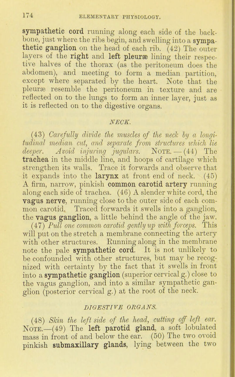 sympathetic cord running along each side of the l^ack- bone, just where the ribs l)egin, and sAvelling into a sympa- thetic ganglion on the head of each rib. (42) The outer hxyers of the right and left pleurae lining their respec- tive halves of the thorax (as the peritoneum does the abdomen), and meeting to form a median partition, except where separated by the heart. Note that the pleurae resemble the peritoneum in texture and are reflected on to the lungs to form an inner layer, just as it is reflected on to the digestive organs. NECK. (43) Carefully divide the muscles of the neck hy a longi- tudinal median cut, and sejmxtte from structures ichich lie deeper. Avoid injuring jugidars. Note. — (44) The trachea in the middle line, and hoops of cartilage Avhich strengthen its walls. Trace it forwards and observe that it expands into the larynx at front end of neck. (45) A firm, narrow, pinkish common carotid artery running along each side of trachea. (46) A slender white cord, the vagus nerve, running close to the outer side of each com- mon carotid. Traced forwards it swells into a ganglion, the vagus ganglion, a little behind the angle of the jaw. (47) PiiU one common carotid gently up ■with forceps. This will put on the stretch a membrane connecting the artery with other structures. Running along in the membrane note the pale sympathetic cord. It is not unlikely to be confounded with other structures, but may be recog- nized with certainty by the fact that it swells in front into a sympathetic ganglion (superior cervical g.) close to the vagus ganglion, and into a similar sympathetic gan- glion (posterior cervical g.) at the root of the neck. DIGESTIVE ORGANS. (48) Skin the left side of the head, cutting off left ear. Note.—(49) The left parotid gland, a soft lobulated mass in front of and beloAV the ear. (50) The two ovoid pinkish submaxillary glands, lying betAveen the two