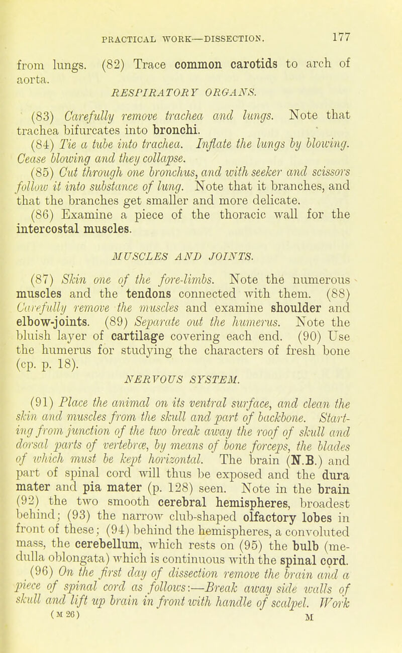 from lungs. (82) Trace common carotids to arch of aorta. RESPIRATOR Y ORGANS. (83) Carefully remove trachea and lungs. Note that trachea bifurcates into bronchi. (84) Tie a tube into trachea. Inflate the lungs by bloicing. Cease bloiving and they collapse. (85) Cut through one bronchus, and with seeker and scissors foUoiv it into substance of lung. Note that it branches, and that the branches get smaller and more delicate. (86) Examine a piece of the thoracic wall for the intercostal muscles. MUSCLES AND JOINTS. (87) Skin one of the fore-limbs. Note the numerous - muscles and the tendons connected with them. (88) Carefully remove the muscles and examine shoulder and elbow-joints. (89) Separate out the humerus. Note the bluish layer of cartilage covering each end. (90) Use the humerus for studying the characters of fresh bone (cp. p. 18). NERVOUS SYSTEM. (91) Place the animal on its ventral surface, and clean the skin and muscles from the skull and part of backbone. Start- ing from junction of the two break away the roof of skidl and dorsal parts of vertebrce, by means of bone forceps, the blades of ivhich must be kept horizontcd. The brain (N.B.) and part of spinal cord will thus be exposed and the dura mater and pia mater (p. 128) seen. Note in the brain (92) the two smooth cerebral hemispheres, broadest behind; (93) the narrow club-shaped olfactory lobes in front of these; (94) behind the hemispheres, a convoluted mass, the cerebellum, which rests on (95) the bulb (me- dulla oblongata) which is continuous with the spinal cord. (96) On the first day of dissection remove the brain and a piece of spinal cord as follows:—Break away side icalls of skull and lift up brain in front icith handle of sccUpel. Work (M20) M