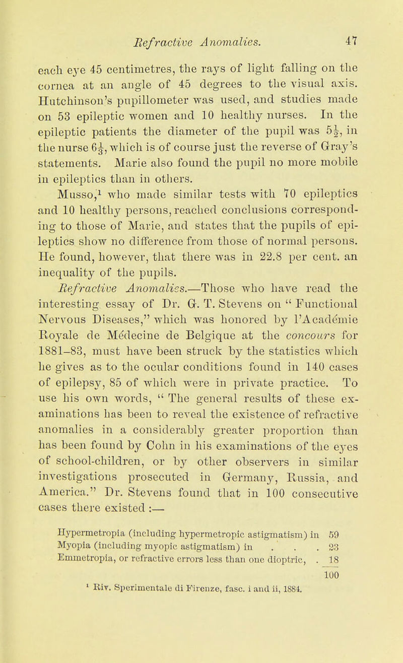 Refractive Anomalies. each e3'e 45 centimetres, the vf\.yQ of light falling on the cornea at an angle of 45 degrees to the visual axis. Hutchinson's pupillometer was used, and studies made on 53 epileptic women and 10 healthy nurses. In the epileptic patients the diameter of the pupil was in tlie nurse 6^, which is of course just the reverse of Gray's statements. Marie also found the pupil no more mobile in epileptics than in otliers. Musso,^ who made similar tests with 70 epileptics and 10 healthy persons, reached conclusions correspond- ing to those of Marie, and states that the pupils of epi- leptics show no difference from those of normal persons. He found, however, that there was in 22,8 per cent, an inequality of the pupils. Refractive Anomalies.—Those who have read the interesting essay of Dr. G. T. Stevens on  Functional Nervous Diseases, which was honored by I'Academie Royale de Medecine de Belgique at the concours for 1881-83, must have been struck by the statistics which he gives as to the ocular conditions found in 140 cases of epilepsy, 85 of which were in private practice. To use his own words,  The general results of these ex- aminations has been to reveal the existence of refractive anomalies in a considerably greater proportion than has been found by Cohn in his examinations of the ej-es of school-children, or by other observers in similar investigations prosecuted in Germany, Russia, and America. Dr. Stevens found that in 100 consecutive cases there existed :— Hypermetropia (including hypermetropic astigmatism) in 59 Myopia (including myopic astigmatism) in , . .33 Emmetropia, or refractive errors less than one dioptric, . 18 100 ' Riv. Spcrimentale di Firenze, fasc. i and 11,1884.