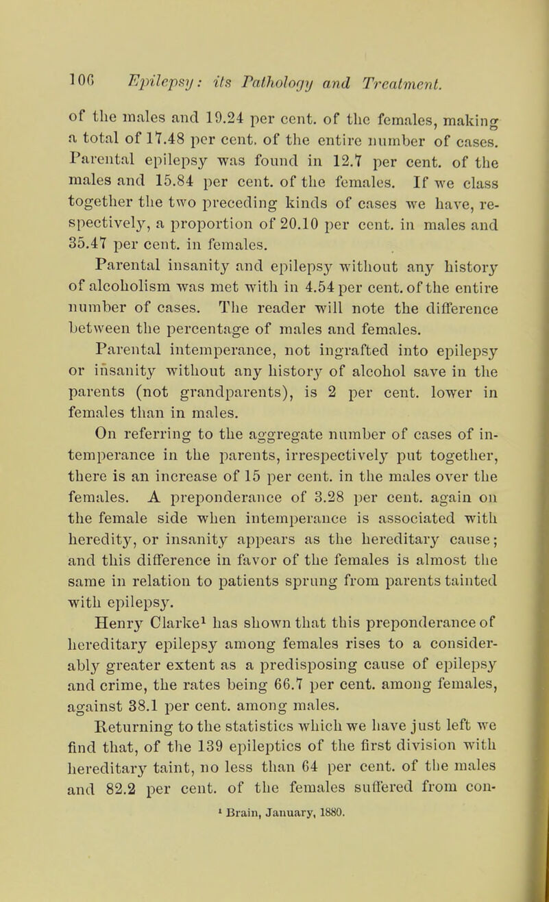 of the males and 19.24 per cent, of the females, making a total of n.48 per cent, of the entire number of cases. Parental epilepsy was found in 12.T per cent, of the males and 15.84 per cent, of the females. If we class together the two preceding kinds of cases we have, re- spectively, a proportion of 20.10 per cent, in males and 35.47 per cent, in females. Parental insanity and epileps}^ without any history of alcoholism was met with in 4.54 per cent, of the entire number of cases. The reader will note the difference between the percentage of males and females. Parental intemperance, not ingrafted into epilepsy or insanity without any historj'- of alcohol save in the parents (not grandparents), is 2 per cent, lower in females than in males. On referring to the aooregate number of cases of in- temperance in the parents, irrespectivelj' put together, there is an increase of 15 per cent, in the males over the females. A preponderance of 3.28 per cent, again on the female side when intemperance is associated with heredity, or insanity appears as the hereditary cause; and this difference in favor of the females is almost the same in relation to patients sprung from parents tainted with epilepsy. Henry Clarke^ has shown that this preponderance of hereditary epilepsy among females rises to a consider- ably greater extent as a predisposing cause of epilepsy and crime, the rates being 66,7 per cent, among females, against 38.1 per cent, among males. Returning to the statistics which we have just left we find that, of the 139 epileptics of the first division with hereditary taint, no less than 64 per cent, of the males and 82.2 per cent, of the females suffered from con- ' Brain, January, 1880.