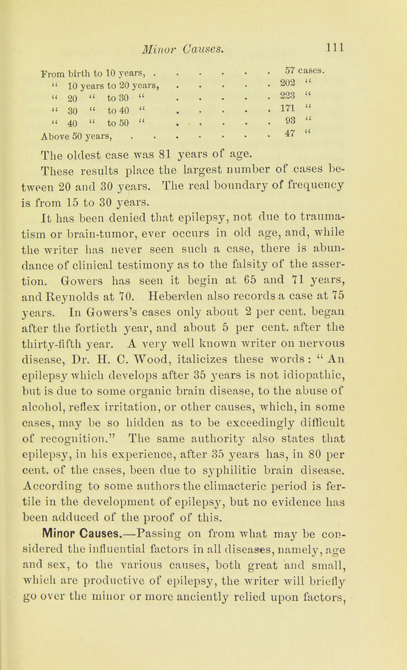 From birth to 10 j-ears, .  10 years to 20 years,  20  to 30 « 30  to 40  40  to 50 57 cases. 202  223  171  93  47  Above 50 years, The oldest case was 81 years of age. These results place the largest number of cases be- tween 20 and 30 years. The real boundary of frequency is from 15 to 30 years. It has been denied that epilepsy, not due to trauma- tism or brain-tumor, ever occurs in old age, and, while the writer has never seen such a case, there is abun- dance of clinical testimony as to the falsity of the asser- tion. Gowers has seen it begin at 65 and 71 years, and Reynolds at 70. Heberden also records a case at 75 years. In Gowers's cases only about 2 per cent, began after the fortieth year, and about 5 per cent, after the thirty-fifth year, A very well known writer on nervous disease, Dr. H. C. Wood, italicizes these words :  An epilepsy which develops after 35 years is not idiopathic, but is due to some organic brain disease, to the abuse of alcohol, reflex irritation, or other causes, which, in some cases, may be so hidden as to be exceedingly difficult of recognition. The same authority also states that epilepsy, iu his experience, after 35 years has, in 80 per cent, of the cases, been due to syphilitic brain disease. According to some authors the climacteric period is fer- tile in the development of epilepsy, but no evidence has been adduced of the proof of this. Minor Causes.—Passing on from what may be con- sidered tlie influential factors in all diseases, namely, age and sex, to the various causes, both great and small, which are productive of epilepsy, the writer will briefly go over the minor or more anciently relied upon factors,