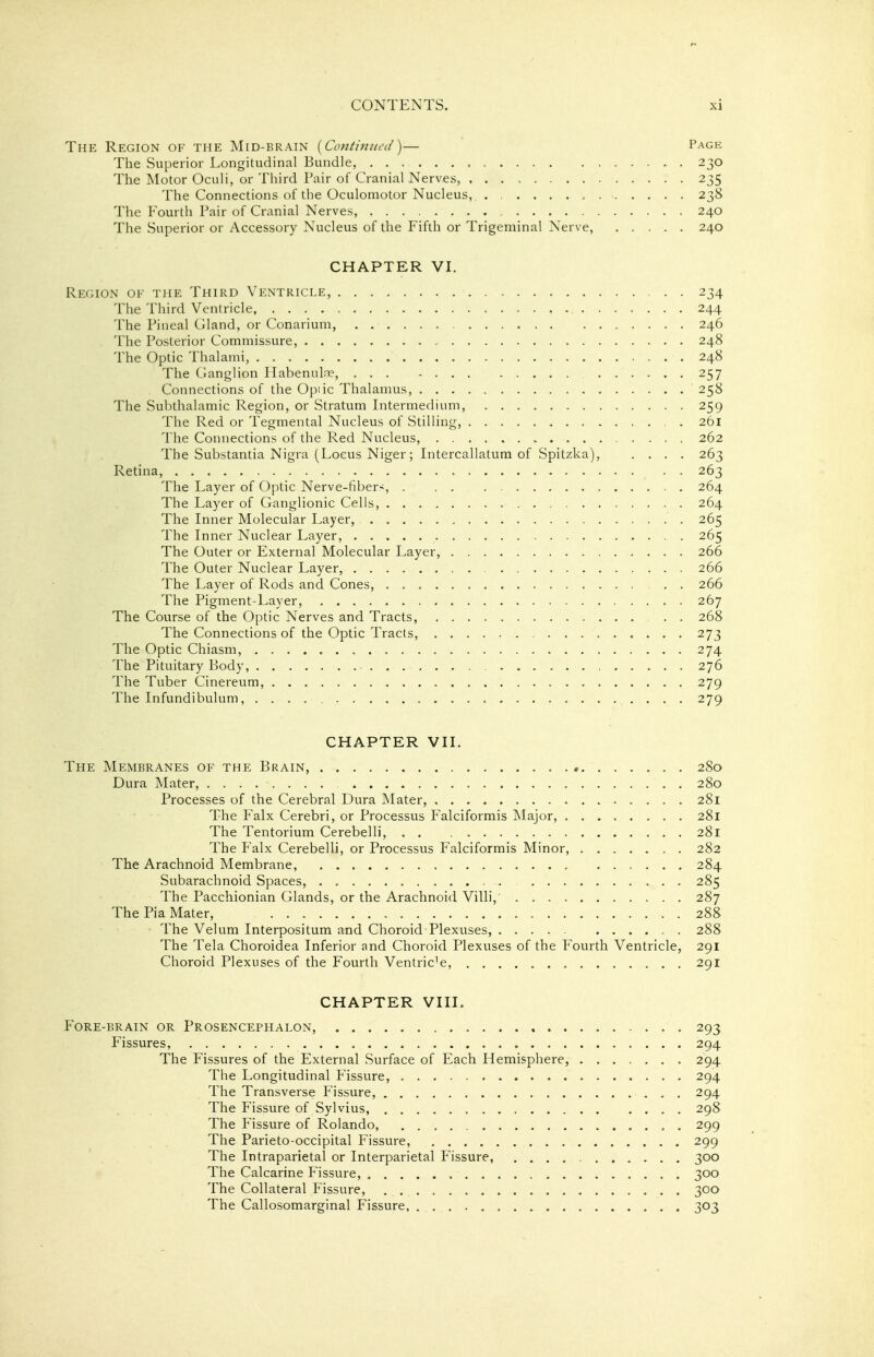 The Region of the Mid-brain {Continut-d)— Page The Superior Longitudinal Bundle, 230 The Motor Oculi, or Third Pair of Cranial Nerves, 235 The Connections of the Oculomotor Nucleus, 238 The Fourth Pair of Cranial Nerves, 240 The Superior or Accessory Nucleus of the Fifth or Trigeminal Nerve, 240 CHAPTER VI. Region of the Third Ventricle, 234 The Third Ventricle, 244 The Pineal Cjland, or Conarium, 246 The Posterior Commissure, 248 The Optic Thalami, 248 The Ganglion HabenuLie, 257 Connections of the Opiic Thalamus, 258 The Subthalamic Region, or Stratum Intermedium, 259 The Red or Tegmental Nucleus of Stilling, . 261 The Connections of the Red Nucleus, 262 The Substantia Nigra (Locus Niger ; Intercallatum of Spitzka), .... 263 Retina, 263 The Layer of Optic Nerve-fiber<, . . 264 The Layer of Ganglionic Cells, 264 The Inner Molecular Layer, 265 The Inner Nuclear Layer, 265 The Outer or External Molecular Layer, 266 The Outer Nuclear Layer, 266 The Layer of Rods and Cones, 266 The Pigment-Layer, 267 The Course of the Optic Nerves and Tracts, 268 The Connections of the Optic Tracts, 273 The Optic Chiasm, 274 The Pituitary Body, , 276 The Tuber Cinereum, 279 The Infundibulum, 279 CHAPTER VII. The Membranes of the Brain, * 280 Dura Mater, 280 Processes of the Cerebral Dura Mater, 281 The Falx Cerebri, or Processus Falciformis Major, 281 The Tentorium Cerebelli, 281 The Falx Cerebelli, or Processus Falciformis Minor, 282 The Arachnoid Membrane, 284 Subarachnoid Spaces, 285 The Pacchionian Glands, or the Arachnoid Villi, 287 The Pia Mater, 288 The Velum Interpositum and Choroid Plexuses, . 288 The Tela Choroidea Inferior and Choroid Plexuses of the Fourth Ventricle, 291 Choroid Plexuses of the Fourth Ventric'e, 291 CHAPTER VIII. Fore-brain or Prosencephalon, 293 Fissures, 294 The Fissures of the External Surface of Each Hemisphere, 294 The Longitudinal Fissure, 294 The Transverse Fissure, 294 The Fissure of Sylvius, 298 The Fissure of Rolando, 299 The Parieto-occipital Fissure, 299 The Intraparietal or Interparietal Fissure, 300 The Calcarine Fissure, 300 The Collateral Fissure, 300 The Callosomarginal Fissure 303