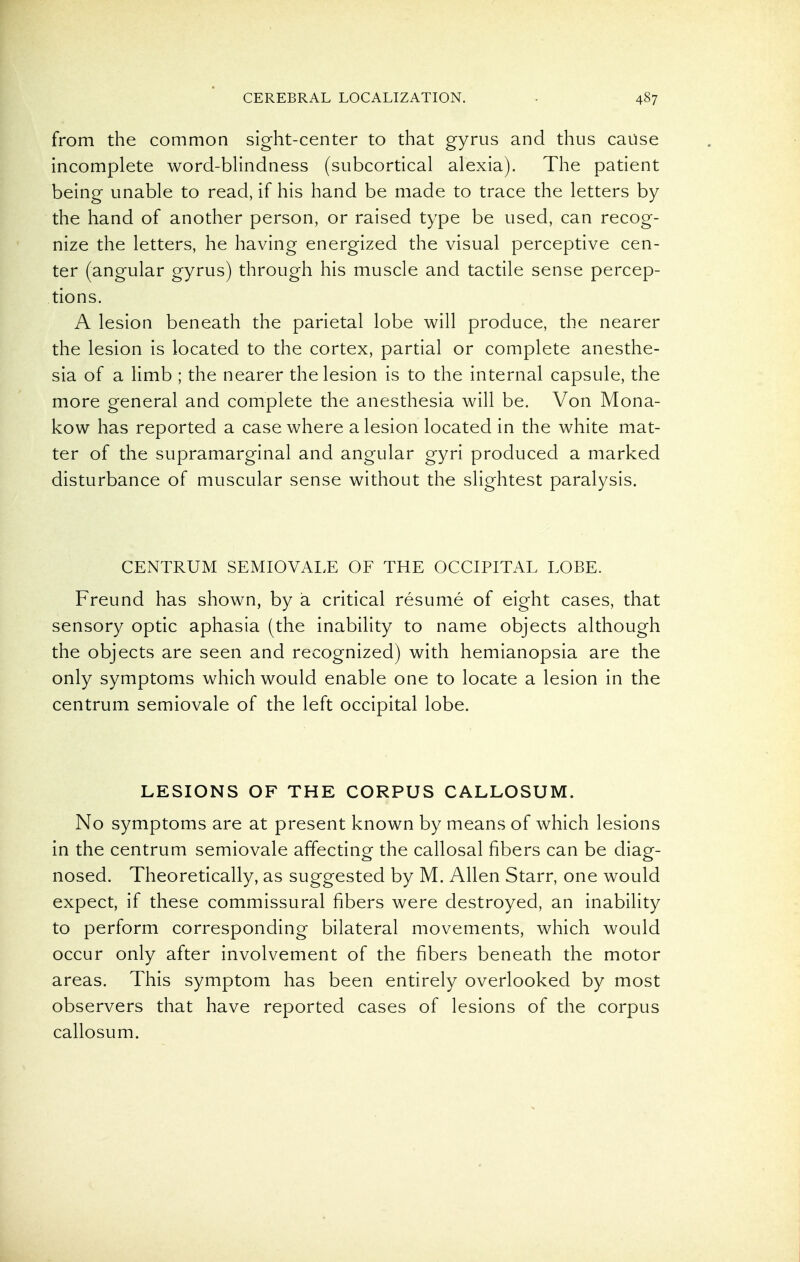 from the common sight-center to that gyrus and thus cause incomplete word-bHndness (subcortical alexia). The patient being unable to read, if his hand be made to trace the letters by the hand of another person, or raised type be used, can recog- nize the letters, he having energized the visual perceptive cen- ter (angular gyrus) through his muscle and tactile sense percep- tions. A lesion beneath the parietal lobe will produce, the nearer the lesion is located to the cortex, partial or complete anesthe- sia of a limb ; the nearer the lesion is to the internal capsule, the more general and complete the anesthesia will be. Von Mona- kow has reported a case where a lesion located in the white mat- ter of the supramarginal and angular gyri produced a marked disturbance of muscular sense without the slightest paralysis. CENTRUM SEMIOVALE OF THE OCCIPITAL LOBE. Freund has shown, by a critical resume of eight cases, that sensory optic aphasia (the inability to name objects although the objects are seen and recognized) with hemianopsia are the only symptoms which would enable one to locate a lesion in the centrum semiovale of the left occipital lobe. LESIONS OF THE CORPUS CALLOSUM. No symptoms are at present known by means of which lesions in the centrum semiovale affecting the callosal fibers can be diag- nosed. Theoretically, as suggested by M. Allen Starr, one would expect, if these commissural fibers were destroyed, an inability to perform corresponding bilateral movements, which would occur only after involvement of the fibers beneath the motor areas. This symptom has been entirely overlooked by most observers that have reported cases of lesions of the corpus callosum.