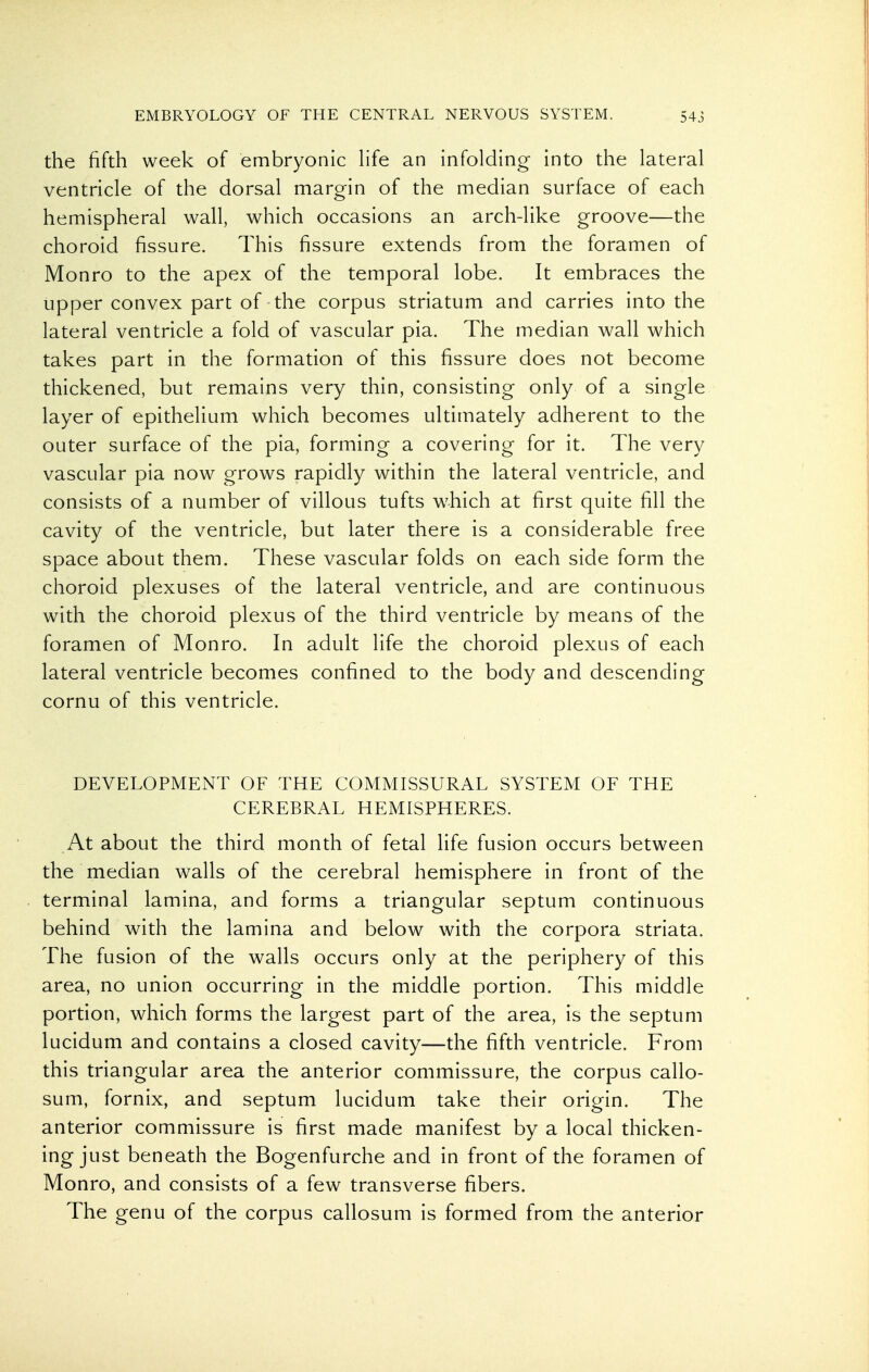 the fifth week of embryonic Hfe an infolding into the lateral ventricle of the dorsal margin of the median surface of each hemispheral wall, which occasions an arch-like groove—the choroid fissure. This fissure extends from the foramen of Monro to the apex of the temporal lobe. It embraces the upper convex part of the corpus striatum and carries into the lateral ventricle a fold of vascular pia. The median wall which takes part in the formation of this fissure does not become thickened, but remains very thin, consisting only of a single layer of epithelium which becomes ultimately adherent to the outer surface of the pia, forming a covering for it. The very vascular pia now grows rapidly within the lateral ventricle, and consists of a number of villous tufts w^hich at first quite fill the cavity of the ventricle, but later there is a considerable free space about them. These vascular folds on each side form the choroid plexuses of the lateral ventricle, and are continuous with the choroid plexus of the third ventricle by means of the foramen of Monro. In adult life the choroid plexus of each lateral ventricle becomes confined to the body and descending cornu of this ventricle. DEVELOPMENT OF THE COMMISSURAL SYSTEM OF THE CEREBRAL HEMISPHERES. At about the third month of fetal life fusion occurs between the median walls of the cerebral hemisphere in front of the terminal lamina, and forms a triangular septum continuous behind with the lamina and below with the corpora striata. The fusion of the walls occurs only at the periphery of this area, no union occurring in the middle portion. This middle portion, which forms the largest part of the area, is the septum lucidum and contains a closed cavity—the fifth ventricle. From this triangular area the anterior commissure, the corpus callo- sum, fornix, and septum lucidum take their origin. The anterior commissure is first made manifest by a local thicken- ing just beneath the Bogenfurche and in front of the foramen of Monro, and consists of a few transverse fibers. The genu of the corpus callosum is formed from the anterior