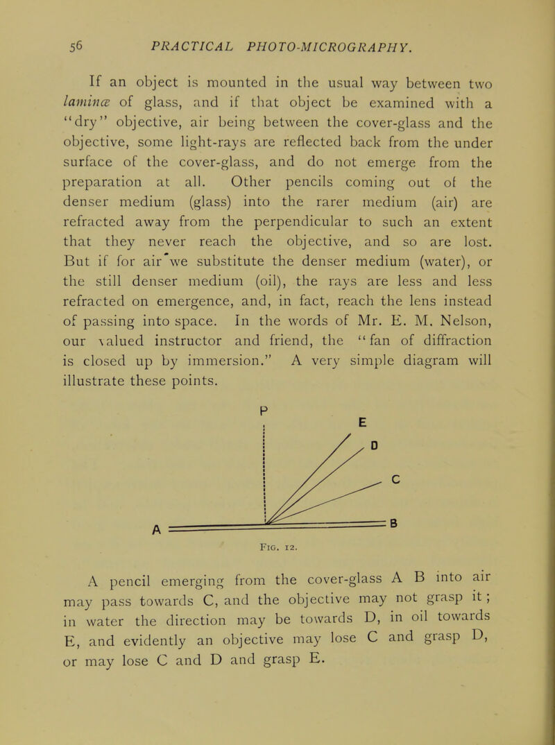 If an object is mounted in the usual way between two lamince of glass, and if that object be examined with a dry objective, air being between the cover-glass and the objective, some light-rays are reflected back from the under surface of the cover-glass, and do not emerge from the preparation at all. Other pencils coming out of the denser medium (glass) into the rarer medium (air) are refracted away from the perpendicular to such an extent that they never reach the objective, and so are lost. But if for air we substitute the denser medium (water), or the still denser medium (oil), the rays are less and less refracted on emergence, and, in fact, reach the lens instead of passing into space. In the words of Mr. E. M. Nelson, our \alued instructor and friend, the fan of diffraction is closed up by immersion. A very simple diagram will illustrate these points. Fig. 12. A pencil emerging from the cover-glass A B into air may pass towards C, and the objective may not grasp it ; in water the direction may be towards D, in oil towards E, and evidently an objective may lose C and grasp D, or may lose C and D and grasp E.