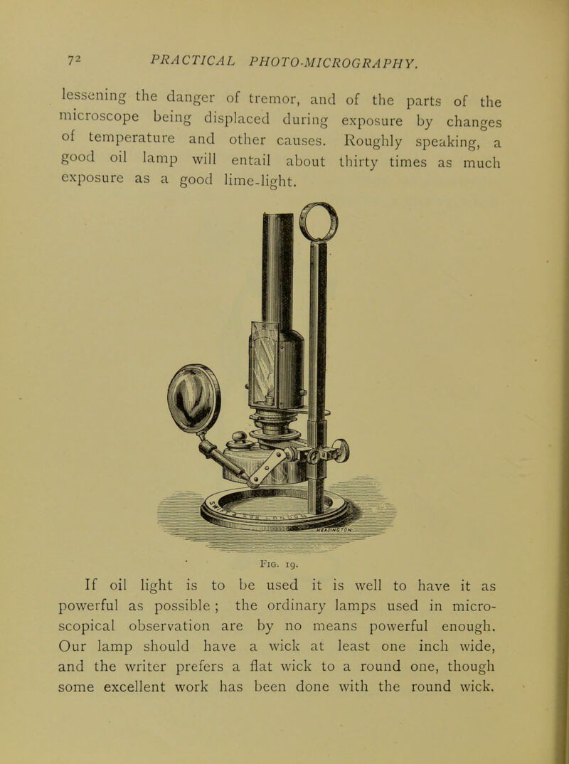 lessening the danger of tremor, and of the parts of the microscope being displaced during exposure by changes of temperature and other causes. Roughly speaking, a good oil lamp will entail about thirty times as much exposure as a good lime-light. Fig. 19. If oil light is to be used it is well to have it as powerful as possible ; the ordinary lamps used in micro- scopical observation are by no means powerful enough. Our lamp should have a wick at least one inch wide, and the writer prefers a flat wick to a round one, though some excellent work has been done with the round wick.