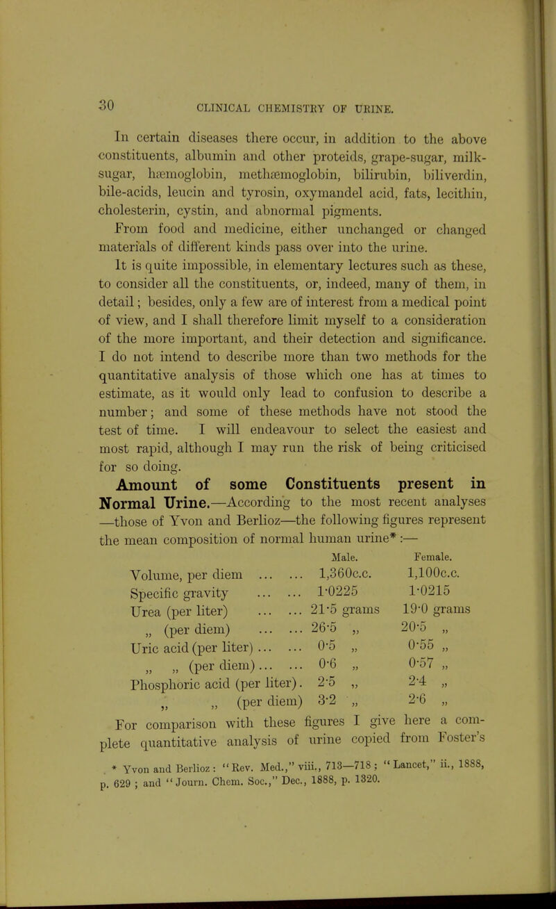 In certain diseases there occur, in addition to the above constituents, albumin and other proteids, grape-sugar, milk- sugar, hciemoglobin, methsemoglobin, bilirubin, biliverdin, bile-acids, leucin and tyrosin, oxymandel acid, fats, lecithin, cholesterin, cystin, and abnormal pigments. From food and medicine, either unchanged or changed materials of different kinds pass over into the urine. It is quite impossible, in elementary lectures such as these, to consider all the constituents, or, indeed, many of them, in detail; besides, only a few are of interest from a medical point of view, and I shall therefore limit myself to a consideration of the more important, and their detection and significance. I do not intend to describe more than two methods for the quantitative analysis of those which one has at times to estimate, as it would only lead to confusion to describe a number; and some of these methods have not stood the test of time. I will endeavour to select the easiest and most rapid, although I may run the risk of being criticised for so doing. Amount of some Constituents present in Normal Urine.—According to the most recent analyses —those of Yvon and Berlioz—the following figures represent the mean composition of normal human urine*:— Male. Female. Volume, per diem l,360c.c. l,100c.c. Specific gravity 1-0225 1-0215 Urea (per liter) 21-5 g rams 19-0 grams „ (per diem) 26-5 j> 20-5 „ Uric acid (per liter) 0-5 >j 0-55 „ „ „ (per diem) 0-6 )> 0-57 „ Phosphoric acid (per liter). 2-5 2-4 „ „ (per diem) 3-2 » 2-6 „ For comparison with these figures I give here a com- n -1-1 . ) plete quantitative analysis of urine copied * Yvon and Berlioz : Rev. Med., viii., 713-718 ;  Lancet, ii., 1888, p. 629 ; and  Journ. Chcm. Soc, Dec, 1888, p. 1320.