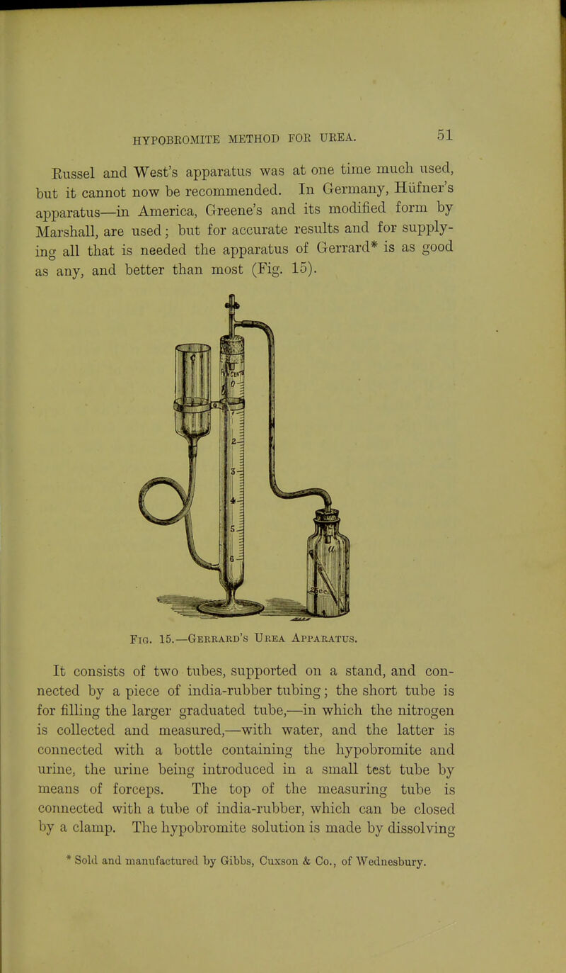 Russel and West's apparatus was at one time much used, but it cannot now be recommended. In Germany, Hiifner's apparatus—in America, Greene's and its modified form by Marshall, are used; but for accurate results and for supply- ing all that is needed the apparatus of Gerrard* is as good as any, and better than most (Fig. 15). Fig. 15.—Gerhard's Urea Apparatus. It consists of two tubes, supported on a stand, and con- nected by a piece of india-rubber tubing; the short tube is for filling the larger graduated tube,—in which the nitrogen is collected and measured,—with water, and the latter is connected with a bottle containing the hypobromite and urine, the urine being introduced in a small test tube by means of forceps. The top of the measuring tube is connected with a tube of india-rubber, which can be closed by a clamp. The hypobromite solution is made by dissolving * Sold and manufactured by Gibbs, Cuxsou & Co., of AVednesbury.