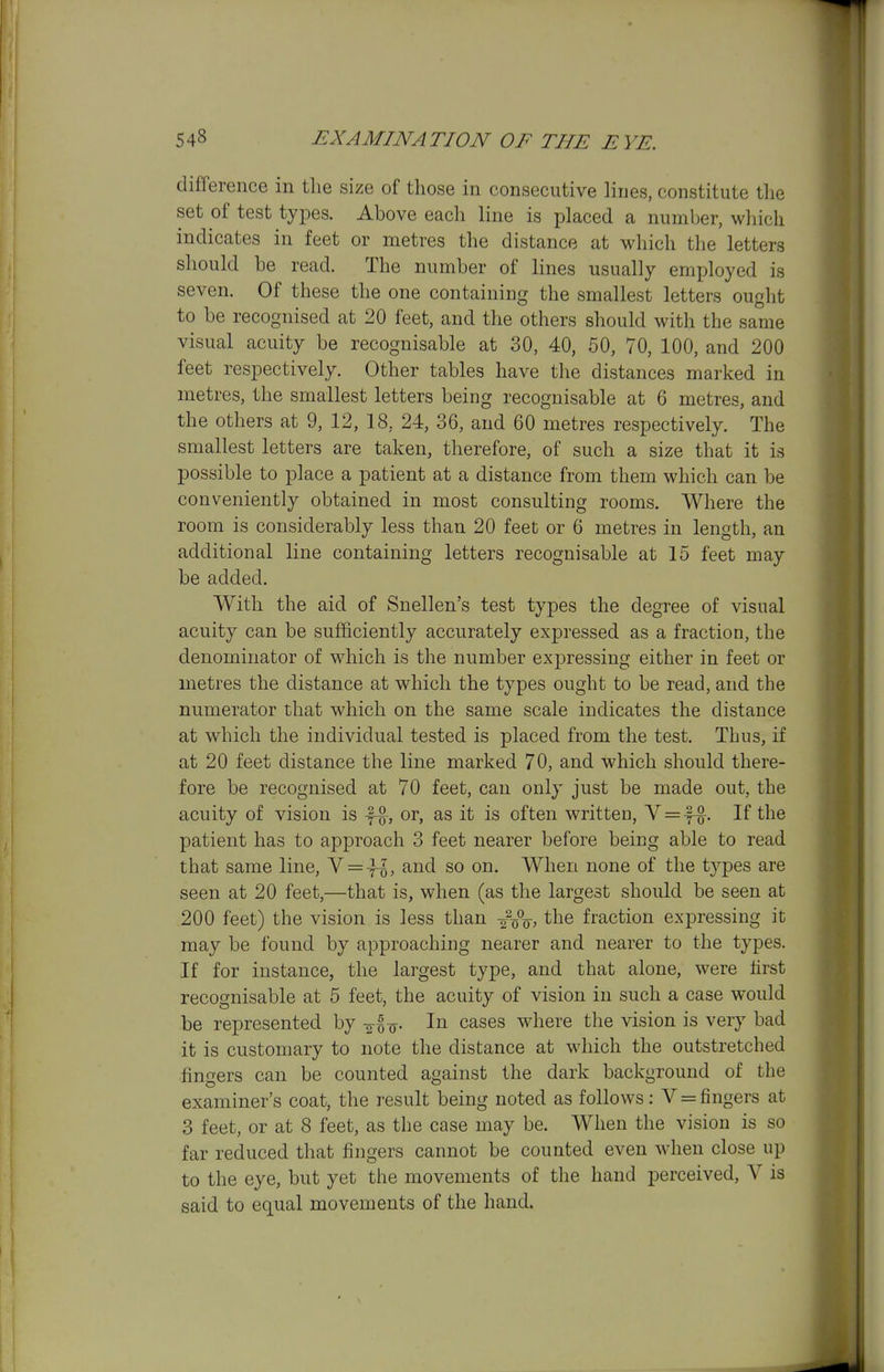 difference in the size of those in consecutive lines, constitute the set of test types. Above each line is placed a number, which indicates in feet or metres the distance at which tlie letters should be read. The number of lines usually employed is seven. Of these the one containing the smallest letters ought to be recognised at 20 feet, and the others should with the same visual acuity be recognisable at 30, 40, 50, 70, 100, and 200 feet respectively. Other tables have the distances marked in metres, the smallest letters being recognisable at 6 metres, and the others at 9, 12, 18, 24, 36, and 60 metres respectively. The smallest letters are taken, therefore, of such a size that it is possible to place a patient at a distance from them which can be conveniently obtained in most consulting rooms. Where the room is considerably less than 20 feet or 6 metres in length, an additional line containing letters recognisable at 15 feet may be added. With the aid of Snellen's test types the degree of visual acuity can be sufficiently accurately expressed as a fraction, the denominator of which is the number expressing either in feet or metres the distance at which the types ought to be read, and the numerator that which on the same scale indicates the distance at which the individual tested is placed from the test. Thus, if at 20 feet distance the line marked 70, and which should there- fore be recognised at 70 feet, can only just be made out, the acuity of vision is or, as it is often written, y = -f^. If the patient has to approach 3 feet nearer before being able to read that same line, V = ^, and so on. When none of the types are seen at 20 feet,—that is, when (as the largest should be seen at 200 feet) the vision is less than the fraction expressing it may be found by approaching nearer and nearer to the types. If for instance, the largest type, and that alone, were hrst recognisable at 5 feet, the acuity of vision in such a case would be represented by -g-^-^. In cases where the vision is very bad it is customary to note the distance at which the outstretched fingers can be counted against the dark background of the examiner's coat, the result being noted as follows: V = fingers at 3 feet, or at 8 feet, as the case may be. When the vision is so far reduced that fingers cannot be counted even when close up to the eye, but yet the movements of the hand perceived, V is said to equal movements of the hand.