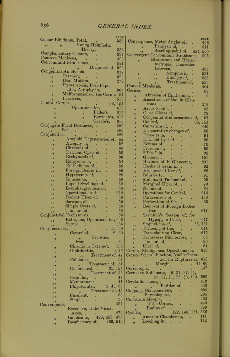 1» ) > Colour BlindneBS, Total, , . 336 >> >. Young-Helmholtz Theory, . 336 Complementary Colours, . . 337 Concave Meniscus, , . . 405 Concomitant Strabismus, . . 521 »> M Diagnosis of, 523 Congenital Amblyopia, . . 317 ,, Cataract, . . . 529 ,, Deaf-Mutism, . . 279 ,, Hyperostosis, Post-Papil- litic, Atrophy in, . 307 Malformations of the Cornea, 91 ,, Paralysis, . . . 518 Conical Cornea, . . . 88, 151 ,, Operations for, . 616 ,, Bader's, 617 ,, Bowman's, 616 _ .. Graefe's, 616 Conjugate Focal Distances, . . 399 Foci, .... 406 Conjunctiva, .... 229 „ Amyloid Degeneration of, 52 Atrophy of, . . 52 Chancres of, . . 60 Dermoid Cysts of, . 59 Ecchymosis of, . 30 Empyema of, . . 54 Epithelioma of, . 59 Foreign Bodies in, . 56 Hypersemia of, . 29 Injuries to, . . 56 Lupoid Swellings of,. 59 Lymphangiectasis of, 58 Operations on the, . 612 Rodent Ulcer of, . 59 Sarcoma of, . . 59 Simple Cysts of, . 59 Tumours of, , . 58 Conjunctival Ecchymosis, . . 53 Ectropion, Operations for, 600 Suture, . . . 535 Conjunctivitis, . . . . 13, 30 Catarrhal, . . 2j 30 ,, Secretion from, . . 31 Chronic in Cataract, 105 Diphtheritic, . . 9, 46 ,, Treatment of, 47 Follicular, . . 51 Treatment of, 51 Gonorrhoeal, . 33, 124 ,, Treatment of, 36 Granular, . . 47 Membranous, . 41 Phlyctenular, 2, 43, 69 ,, Treatment of, 45 Purulent, . . 33 Simple, . . 30 487 Excessive, of the Visual Axes . . . 472 Impulse to, 423, 426, 498 Insufficiency of, 469, 543 >> »> i> >> >» >> >> »> >> Convergence Convergence, Metre Angles of, . 493 Paralysis of, . . 511 ,, Starting-point of, 424, 500 Convergent Concomitant Strabismus, 525 ,, Strabismus and Hyper- metropia, connection between, . . 465 M Atropine in, . 531 »> M Etiology of, . 536 >> Treatment of, 530 Convex Meniscus, , . . 404 Cornea, 63 ,, Abrasion of Epithelium, . 9 ,, Anassthesia of the, in Glau- coma 212 ,, Arcus Senilis, ... 88 ,, Clear (Jlcers of, . . 79 ,, Congenital Malformations of, 91 ,, Conical, . . . 88, 151 ,, Curvature of, . . . 440 ,, Degenerative changes of, . 86 Deposits in, . . . 94 Dermoid Cyst of, . . 90 Eczema of, . . . 70 Fibroma of, . . . 90 Fire in, ... 92 Globosa, . . . . 151 Haziness of, in Glaucoma, 201 Husks of Grain in, . , 92 Hypopyon Ulcer of, . 25 Injuries to, . . . 91 Malignant Tumours of, . 90 Marginal Ulcer of, . . 79 Nebula of, . , . 64 Operations for Conical, . 616 Paracentesis of, . . 138 Perforation of the, . . 65 Eemoval of Foreign Bodies from, .... 617 Saemisch's Section of, for Hypopyon Ulcer, . 617 Staphyloma of, . . 66, 151 Tattooing of the, . . 614 Transplanting Clear, . 615 Transverse Film across, . 86 Tumours of, . . . 90 Ulcer of, ... 64 Corneal Staphyloma, Operations for, 613 Comeo-Scleral Junction, Nuel's Opera- tion for Ruptures at, 618 „ „ Margin, . . 44, 60 Correctopia, . . . . 147 Corrosive Sublimate, 6, 31, 37, 41, 57, 67, 71, 77, 80, 114, 590 Crystalline Lens, . . . . 413 ,, ,, Position of, . 443 Cuppings Glaucomatous, . . 204 ,, Physiological, . . 205 Curvature Myopia. . . . 402 ,, of the Cornea, . . 440 Radius of, . . . 399 Cyclitis, . . 122, 140, 151, 666 Anterior Chamber in, . 141 Leeching in, . . . 142 J) > >