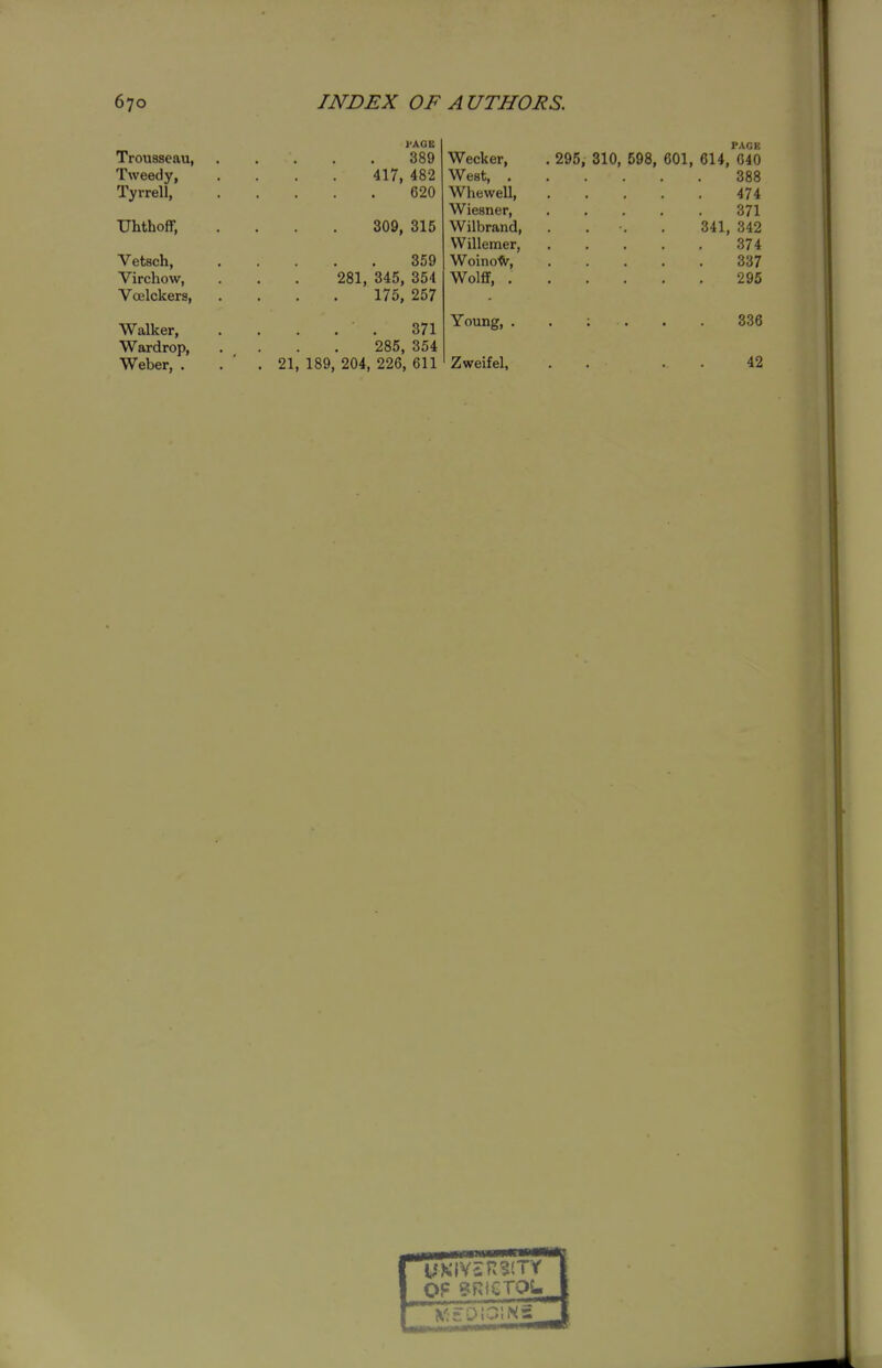 Trousseau, Tweedy, Tyrrell, Uhthoff, Vetsch, Virchow, Voelckers, Walker, Wardrop, Weber, . 389 417, 482 620 309, 315 359 281, 345, 354 175, 257 . . 371 285, 354 21, 189, 204, 226, 611 Wecker, West, . Whewell, Wiesner, Wilbrand, VVillemer, Woino^, Wolff, . Young, . Zweifel, PAGE 295, 310, 598, 601, 614, 640 388 474 371 341, 342 374 337 295 336 42