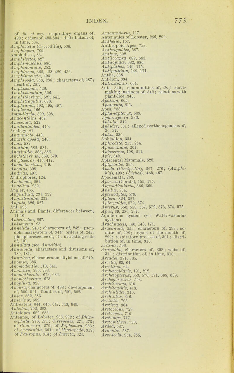 of, ib. et seq. ; respiratory organs of, 490; orders of, 493-504 ; distribution of, in time, 504. Amphiccelia {Crocodilia), 536. Amphicyon, 709. Aniphidiscs, S3. Amphilcstes, 027. Amphimoschus, 686. Amphinomidce, 252. A mphioxiui, 36S, 428, 429, 436. Amphipneusta, 495, Aiitphipoda, 268, 286 ; characters of, 287; heart of, 287. Amphishcena, 526. A mphisbcenidce, 526. Amphitherium, 627, 641. Amphitragiihts, 686. A mphiuma, 492, 495, 497. Amplexus, 166. AmpuUaria, 390, 398. Anacanthini, 467. Anaconda, 522. Anallantoidea, 440. Analogy, 21. Anamniota, 440. Anarthropoda, 240. jl7ias, 582. Anatidce, 582, 584. Anatinidce, 385, 386. Anchitherium, 669, 670. Ancyloceras, 416, 417. Ancylotherium, 649. Ancylus, 398. Andrias, 497. Androphores, 124. jineZasmrt, 291. Angelina, 282. Angler, 465. Anguillula, 231, 232. Anyuilhilidcc, 232. Aiiguis, 526, 527. Ani, 596. Animals and Plants, differences between, 11-16. Anisaeodon, 667. Anisonema, 93. Annelida, 240; characters of, 242 ; pseii- dohajmal system of, 244; orders of, 245; phosphorescence of, 94 ; urticating cells of, 101. Annulata (see Annelida). Annuloida, characters and divisions of, 180, 181. .4nri.itio.sa, characters and diyisions of, 240. Anomia, 385. Anomodontia, 510, 541. Annmura, 290, 293. Anoplotheri.dce, 673, 686. Aiwplotherium, 673. Anoplura, 328. J nowra, characters of, 498; development of, 500, 501; families of, 501, 502. ^nser, 582, 583. Anserinoe, 582. Ant-eaters, 644, 645, 647, 648, 649. Antedon, 202, 203. Antelopes, 682, 683. Antennsc, of Lobster, 266, 292; of Rhizo- cephala, 270, 271; Cirripedes, 271, 273 ; of Cladocera, 279 ; of Xiphosura, 283 ; of Arachnida. 301; of Myriapoda, 312; o( Pauropus, 314; oi Insecla, 324. Antennularia, 117. Auteimules of Lobster, 266, 292. Anthelia, 157. Anthropoid Apes, 733. A nthropoides, 587. AnthiiS, G02 Antilocapra, 682, 683. Antilopidoe, 682, 686. Antipathes, 149, 175. Antipathidce, 149, 171. Antlia, 338. Ant-lion, 334. Antrostovms, 604. Ants, 340 ; communities of, ; slave- making instincts of, 342 ; relations witli plant-lice, 343. Apateon, 605. Apatornis, 611. Apes, 733. Aphanapteryx, 589. Aphaniptira, 336. Aphidce, 342. Aphides, 331; alleged parthenogenesis of, 36, 37. ^2>/ws, 330. Aphis-lion, 334. Aphrodite, 253, 254. Apiocrinidoe, 201. Apiocrinus, 198, 211. ^pis, 342. Aplacental Mammals, 628. AplysiadoB, 395. Apoda (Cirripedia), 267, 276; {Amphi- bia), 493 ; (Fishes), 465, 467. Apodemata, 263. Aporosa (Corals), 155, 175. Appendicularia, 366, 369. Apsilus, 234. Aptenodytes, 579. Aptera, 324, 327. Apterygidas, 572, 574. Apteryx, 556, 558, 567, 572, 573, 574, 575. ^i)t«S, 39, 280, 297. Aquiferous system (see Water-vascular system). Arachnactis, 146, 148, 171. Arachnida, 259; characters of, 29S; so- mite of, 298; organs of the mouth of, 299; respiratory process of, 301; distri- bution of, in time, 310. Araince, 596. Araneida, characters of, 308 ; webs of, 310 ; distribution of, in time, 310. Arcadce, 381, 385. Arcella, 63, 64. Arcellina, 64. Archcvocidaris, 191, 212. Archceopteryx, 553, 570, 571, 60S, 609. A rchegosaitnis, 503. A rchitarbus, 310. A rchiteuthis, 418. Archi.ulidce, 316. Archiulus, 3i6. A rctictis, 705. Arctisca, 304. A rctocebus, 729. Arctocyon, 710. Arctomys, 717. Arctopitheci, 730. .Ardeci, 587. A rdeidre, 587. Arenicola, 254, 255.