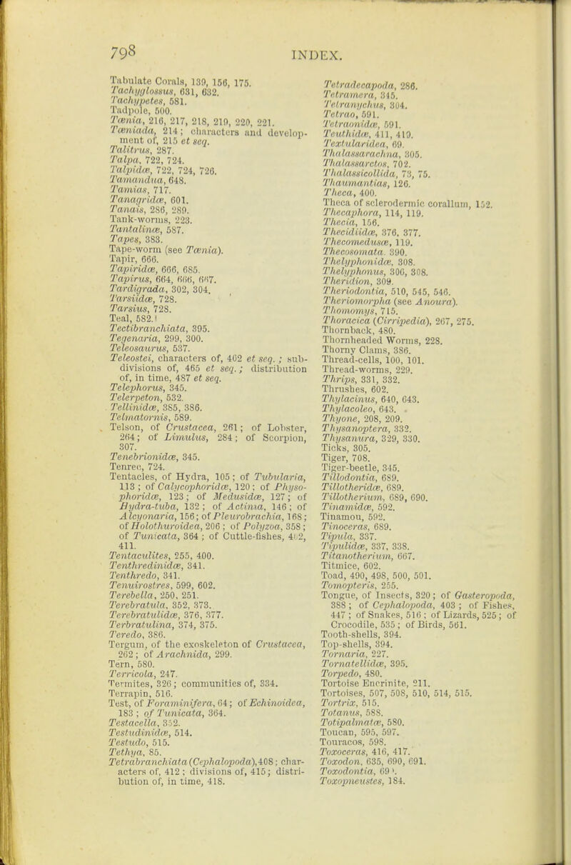 Tabulate Comls, 130, 156, 175. Tach!/(jlo.ssus, C31, C32. Tachypetes, 581. Tadpole, 500. Tcenia, 216, 217, 218, 210, 220, 221. Tceniada, 214; clmraeturs and develop- ment ol', 215 et seq. Talitrun, 287. Talpa. 722, 724. Talpidff., 722, 724, 726. Tamandua, 648. Tarnian, 717. Tanagridce, 601. Tanais, 286, 2S0. Tank-worms, 223. Tantalince, 587. Tapes, 383. Tape-worm (see Tainia). Tapir, 666. Tapiridce, 666, 685. Tapirus, 664, 666, 667. Tardigrada, 302, 304. Tarsiidce, 728. Tarsius, 728. Teal, 582.1 Teetibranchiata, 395. Tegenaria, 299, 300. Teleoswurus, 537. Teleostei, characters of, 402 eJ ssg. ; sub- divisions of, 465 ei seq.; distribution of, in time, 487 et seq. Telephorus, 345. Telerpeton, 532. Tellinidoe, 3S5, 386. Telmatornis, 589. Telson, of Crustacea, 2fil; of Lobster, 264; of Limulus, 284; of Scorpion, 307. Tenebrionidce, 345. Tenre(!, 724. Tentacles, of Hydra, 105; of Tiibularia, 113 ; of Calycophoridas, 120; of Physo- phoridce, 123; of Medusidce, 127; of Bydra-tiiba, 132; of Actinia, 146; of Alcyonaria, 156; oi PJeurobrachia, 168; of Holothxiroidea, 206 ; of Polyzoa, 358 ; of Tunicata, 364 ; of Cuttle-fishes, 4i 2, 411. Tentaculites, 255, 400. Tenthredinidce, 341. Tenthredo, 341. Tenuirostres, 599, 602. Terebella, 250, 251. Terebrattda. 352, 373. Tcrebratulidce, 376, 377. Terbratulma, 374, 375. Teredo, 3S6. Tergum, of the exoskeleton of Crmtacea, 262; of ^ mc/i»iidrt, 299. Tern, 580. Tcrricola, 247. Termites, 326; communities of, 334. Terrapin, 516. Test, of j'om?77.Mi?/crrt., 64; o{ Echinoidea, 183 ; ()/■ Tunicata, 364. Testacella, 352. Testiidinidce, 514. Testudo, 515. Tethya, 85. Tetrabranchiata(Ce2}halopoda),4:0S; char- acters of, 412 ; divisions of, 415; distri- bution of, in time, 418. Tetradecapoda, 286. Tetratiiera, 345. Telrauyclius, 304. Tctruo, 691. Tetraonuloi, 591. Tcuthidm, 411, 410. Tcxiularidea, 60. Thalassarachna, 305. ThalassarcUiK, 702. ThalassicolUda, 73, 75. Thaumantias, 126. r/icca, 400. Theca of sclerodermic corallum, 152. Thecaphora, 114, 119. Thecia, 156. Thecidiidce, 376, 377. Thecomedusce, 119. Thecosomata. 390. Thelyphonidai. 308. Thelyphonus, 300, 308. Theridion, 309. Theriodontia, 510, 545, 546. Theriomorpha (see j4nowra). Tliomomys, 715. Thoracica {Cirriijedia), 267, 275, Thornback, 480. Thornheaded Worms, 228. Thorny Clams, 3S6. Thread-cells, 100, 101. Thread-worms, 229. Thrips, 331, 332. Thrushes, 602. Thylacinus, 640, 643. Thylacoleo, 643. . Thyone, 208, 209. Thysanoptera, 332. Thysamira, 329, 330. Ticks, 305. Tiger, 708. Tiger-beetle, 345. Tillodontia, 6S0. TUlotheridce, 689. Tillotherium, 689, 690. Tinamidce, 592. Tinamou, 592. Tinoceras, 689. Tipula, 337. Tipulidce, 337, 338. Titanotherium, 667. Titmice, 602. Toad, 490, 498, 500, 501. Tumopteris, 255. Tongue, of Insects, 320; of Gasteropoda, 388 ; of Cephalopoda, 403 ; of Fishe.'s, 447; of Snakes, 516 ; of Lizards, 525 ; of Crocodile, 535 ; of Birds, 561. Tooth-shells, 394. Top-shells, 394. Tornaria, 227. TornatelUdce, 395. Torpedo, 480. Tortoise Encrinite, 211. Tortoises, 507, 508, 510, 514, 515. Tortrix, 515. Totanus, 588. Totipalmafm, 580. Toucan, 595, 597. Touracos, 598. Toxoceras, 416, 417. Toxodon. 635, 690, 691. Toxodon tia, 69 >. Toxopneustcs, 184.