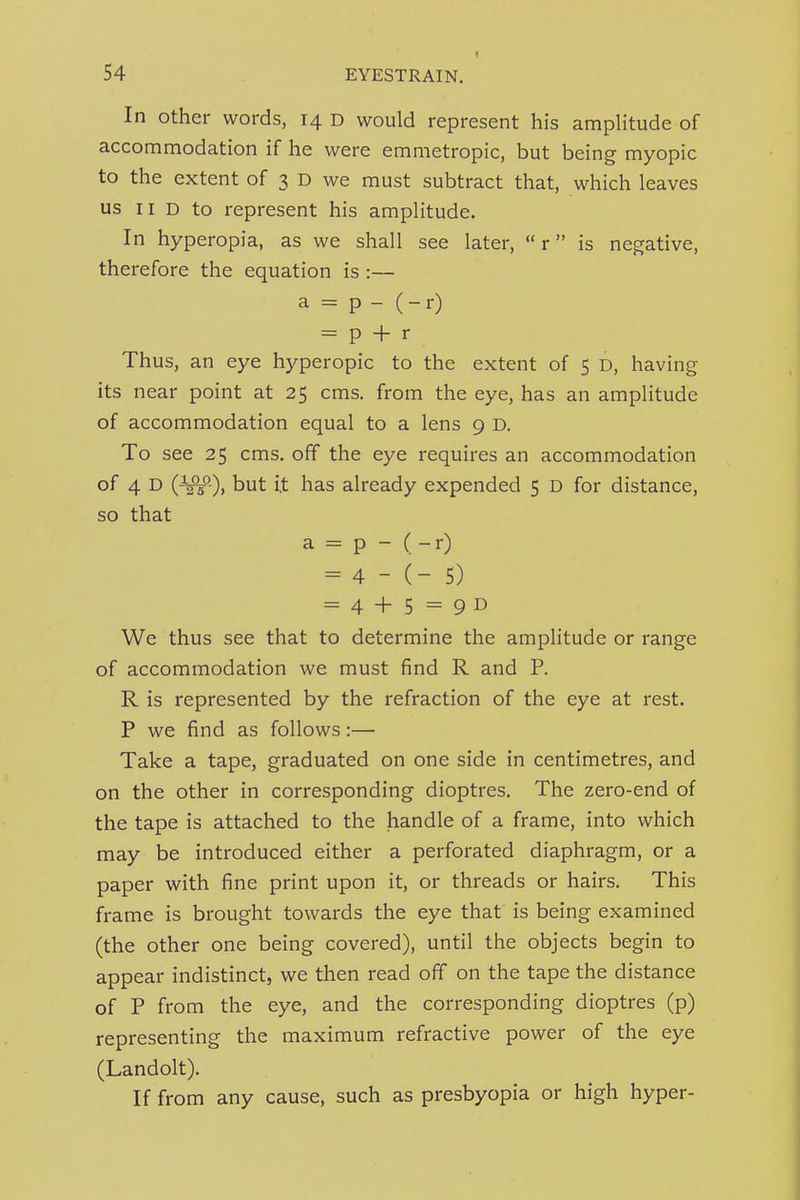 In other words, 14 d would represent his amplitude of accommodation if he were emmetropic, but being myopic to the extent of 3 D we must subtract that, which leaves us II D to represent his amplitude. In hyperopia, as we shall see later, r is negative, therefore the equation is :— a = p - ( - r) = p + r Thus, an eye hyperopic to the extent of 5 d, having its near point at 25 cms. from the eye, has an amplitude of accommodation equal to a lens 9 D. To see 25 cms. off the eye requires an accommodation of 4 D but i.t has already expended 5 D for distance, so that a = p - ( - r) = 4 - (- 5) = 4 + 5 = 9 D We thus see that to determine the amplitude or range of accommodation we must find R and P. R is represented by the refraction of the eye at rest. P we find as follows:— Take a tape, graduated on one side in centimetres, and on the other in corresponding dioptres. The zero-end of the tape is attached to the handle of a frame, into which may be introduced either a perforated diaphragm, or a paper with fine print upon it, or threads or hairs. This frame is brought towards the eye that is being examined (the other one being covered), until the objects begin to appear indistinct, we then read off on the tape the distance of P from the eye, and the corresponding dioptres (p) representing the maximum refractive power of the eye (Landolt). If from any cause, such as presbyopia or high hyper-