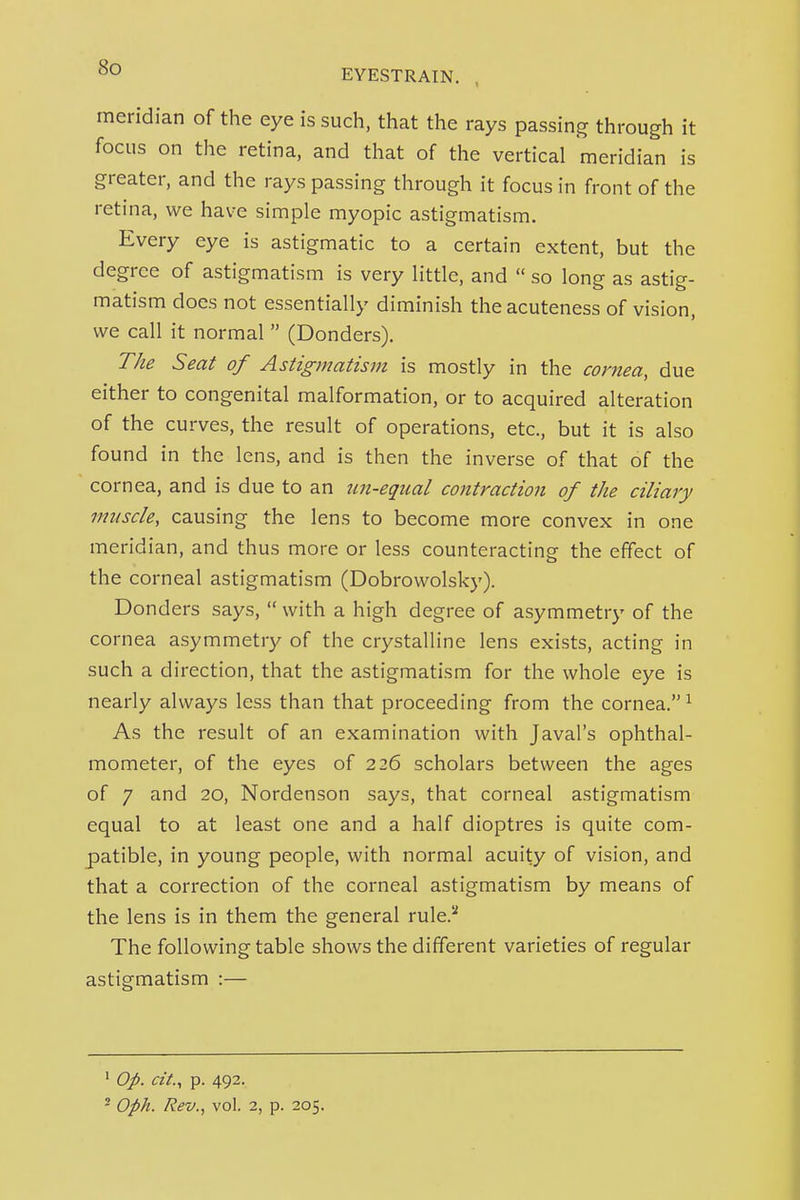 meridian of the eye is such, that the rays passing through it focus on the retina, and that of the vertical meridian is greater, and the rays passing through it focus in front of the retina, we have simple myopic astigmatism. Every eye is astigmatic to a certain extent, but the degree of astigmatism is very little, and  so long as astig- matism does not essentially diminish the acuteness of vision, we call it normal (Bonders). T/ze Seat of Astigmatism is mostly in the cornea, due either to congenital malformation, or to acquired alteration of the curves, the result of operations, etc., but it is also found in the lens, and is then the inverse of that of the cornea, and is due to an un-equal contraction of the ciliary muscle, causing the lens to become more convex in one meridian, and thus more or less counteracting the effect of the corneal astigmatism (Dobrowolsky). Bonders says,  with a high degree of asymmetry of the cornea asymmetry of the crystalline lens exists, acting in such a direction, that the astigmatism for the whole eye is nearly always less than that proceeding from the cornea. ^ As the result of an examination with Javal's ophthal- mometer, of the eyes of 226 scholars between the ages of 7 and 20, Nordenson says, that corneal astigmatism equal to at least one and a half dioptres is quite com- patible, in young people, with normal acuity of vision, and that a correction of the corneal astigmatism by means of the lens is in them the general rule.^ The following table shows the different varieties of regular astigmatism :— ' Op. cit., p. 492.