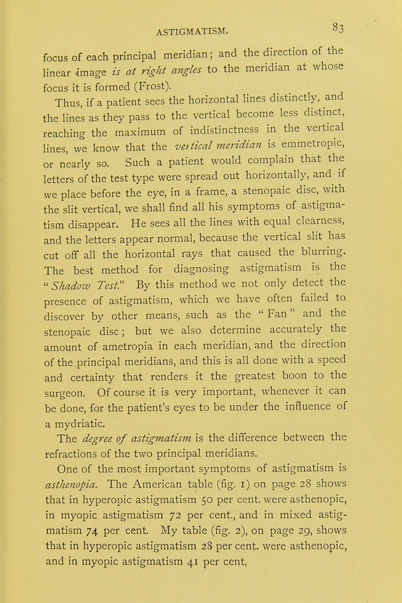 focus of each principal meridian; and the direction of the linear .image is at right angles to the meridian at whose focus it is formed (Frost). Thus, if a patient sees the horizontal lines distinctly, and the lines as they pass to the vertical become less distinct, reaching the maximum of indistinctness in the vertical lines, we know that the vertical meridian is emmetropic, or nearly so. Such a patient would complain that the letters of the test type were spread out horizontally, and if we place before the eye, in a frame, a stenopaic disc, with the slit vertical, we shall find all his symptoms of astigma- tism disappear. He sees all the lines with equal clearness, and the letters appear normal, because the vertical slit has cut off all the horizontal rays that caused the blurring. The best method for diagnosing astigmatism is the  Shadow Test. By this method we not only detect the presence of astigmatism, which we have often failed to discover by other means, such as the  Fan and the stenopaic disc; but we also determine accurately the amount of ametropia in each meridian, and the direction of the principal meridians, and this is all done with a speed and certainty that renders it the greatest boon to the surgeon. Of course it is very important, whenever it can be done, for the patient's eyes to be under the influence of a mydriatic. The degree of astigmatism is the difference between the refractions of the two principal meridians. One of the most important symptoms of astigmatism is asthenopia. The American table (fig. i) on page 28 shows that in hyperopic astigmatism 50 per cent, were asthenopic, in myopic astigmatism 72 per cent, and in mixed astig- matism 74 per cent. My table (fig. 2), on page 29, shows that in hyperopic astigmatism 28 per cent, were asthenopic, and in myopic astigmatism 41 per cent,