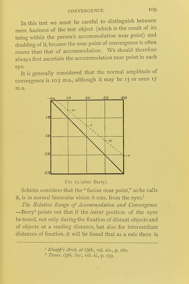 In this test we must be careful to distinguish between mere haziness of the test object (which is the result of its being within the person's accommodation near point) and doubling of it, because the near point of convergence is often nearer than that of accommodation. We should therefore always first ascertain the accommodation near point in each eye. It is generally considered that the normal amplitude of convergence is 10.5 m.a., although it may be 15 or even 17 m.a. 8I> ^'JO 2M 2M 3M I ' I ^ Fig 13 (after Berry). I Schiotz considers that the  fusion near point, as he calls it, is in normal binocular vision 6 cms. from the eyes.^ The Relative Range of Accommodation and Convergence. —Berry^ points out that if the latent position of the eyes be tested, not only during the fixation of distant objects and of objects at a reading distance, but also for intermediate . ; distances of fixation, it will be found that as a rule there is ' Knapp''s Arch, of Oph.., vol. xix., p. 160. ^ Trans. Oph. Soc, vol. xi., p. 159. I