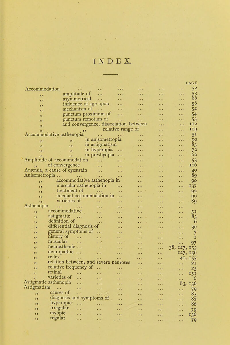 INDEX. Accommodation amplitude of asymmetrical influence of age upon ,, mechanism of ... punctum proximum of punctum remotum of and convergence, dissociation between „ relative range of Accommodative asthenopia „ „ in anisometropia in astigmatism in hyperopia ... ,, in presbyopia ... ' Amplitude of accommodation „ of convergence Anemia, a cause of eyestrain Anisometropia ... „ accommodative asthenopia in muscular asthenopia in „ treatment of ... ... ... ■ ,, unequal accommodation in ... varieties of Asthenopia ,, accommodative ,, astigmatic definition of ... ... .., ,-, differential diagnosis of ,, general symptoms of ... history of „ muscular ,, neurasthenic ... ,, neuropathic ... „ reflex relation between, and severe neuroses relative frequency of ... retinal ,, varieties of ... Astigmatic asthenopia ... Astigmatism causes of diagnosis and symptoms of . ... „ hyperopic ... irregular myopic „ regular ... ... ...