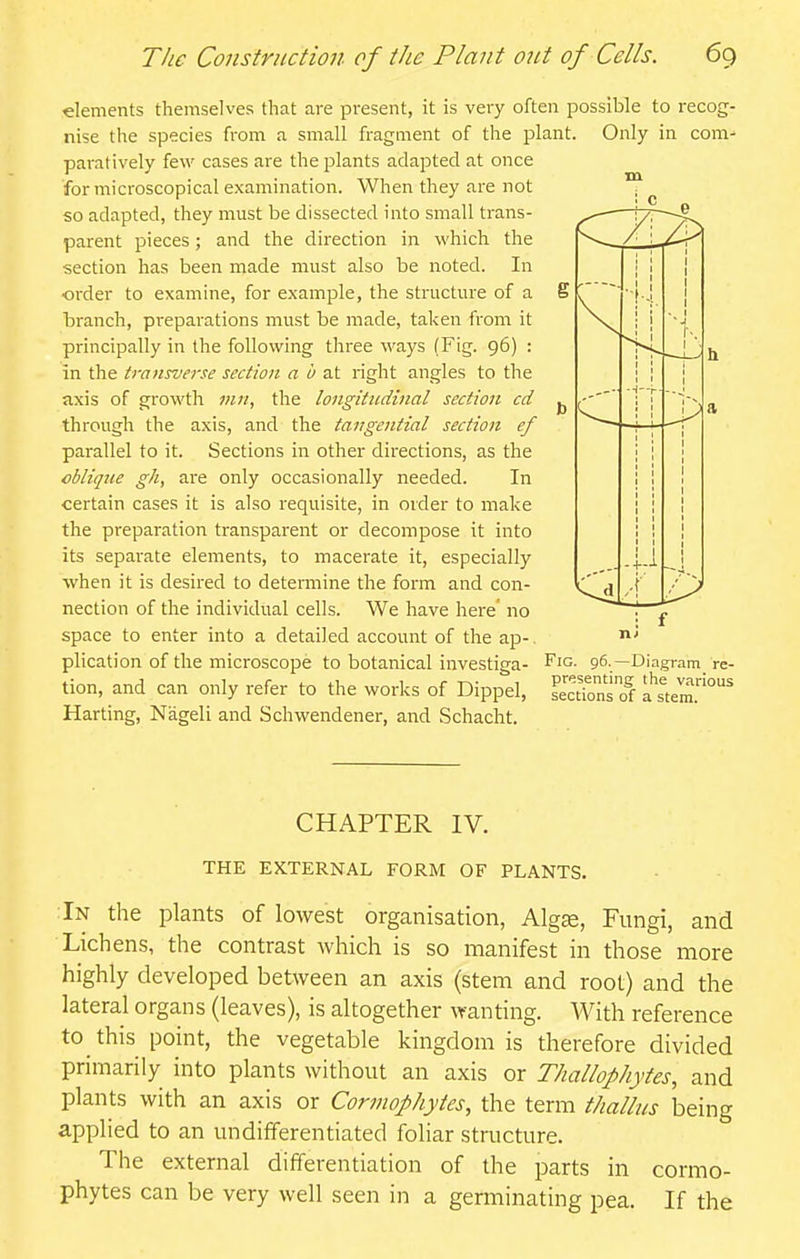 g elements themselves that are present, it is very often possible to recog' nise the species from a small fragment of the plant. Only in com paratively few cases are the plants adapted at once for microscopical examination. When they are not so adapted, they must be dissected into small trans- parent pieces; and the direction in which the section has been made must also be noted. In order to examine, for example, the structure of a branch, preparations must be made, taken from it principally in the following three ways (Fig. 96) : in the transverse section a h zX right angles to the axis of growth mn, the longitudinal section cd through the axis, and the tangential section ef parallel to it. Sections in other directions, as the cbliqite gh, are only occasionally needed. In certain cases it is also requisite, in order to make the preparation transparent or decompose it into its separate elements, to macerate it, especially when it is desired to determine the form and con- nection of the individual cells. We have here' no space to enter into a detailed account of the ap- plication of the microscope to botanical investiga- tion, and can only refer to the works of Dippel, Harting, Nageli and Schwendener, and Schacht. Fig. 96.—Diagram re- presenting the various sections of a stem. CHAPTER IV. THE EXTERNAL FORM OF PLANTS. In the plants of lowest organisation, Algae, Fungi, and Lichens, the contrast which is so manifest in those more highly developed between an axis (stem and root) and the lateral organs (leaves), is altogether \Yanting. With reference to this point, the vegetable kingdom is therefore divided primarily into plants without an axis or Thallophytes, and plants with an axis or Cormophyies, the term t/ialh/s being applied to an undifferentiated foliar structure. The external differentiation of the parts in cormo- phytes can be very well seen in a germinating pea. If the