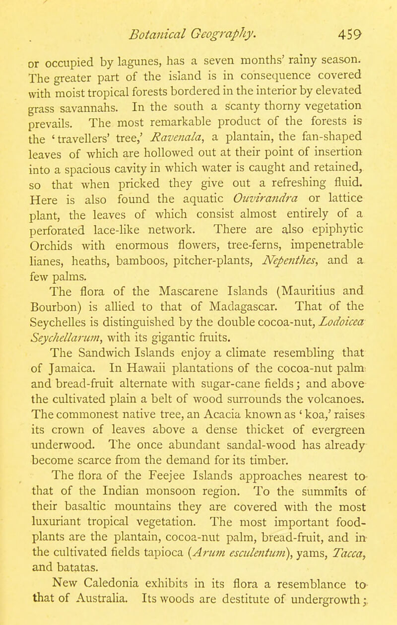 or occupied by lagunes, has a seven months' rainy season. The greater part of the island is in consequence covered with moist tropical forests bordered in the interior by elevated grass savannahs. In the south a scanty thorny vegetation prevails. The most remarkable product of the forests is the ' travellers' tree,' Ravenala, a plantain, the fan-shaped leaves of which are hollowed out at their point of insertion into a spacious cavity in which water is caught and retained, so that when pricked they give out a refreshing fluid. Here is also found the aquatic Oicvirandra or lattice plant, the leaves of which consist almost entirely of a perforated lace-like network. There are also epiphytic Orchids with enormous flowers, tree-ferns, impenetrable lianes, heaths, bamboos, pitcher-plants, Nepenthes, and a few palms. The flora of the Mascarene Islands (Mauritius and Bourbon) is allied to that of Madagascar. That of the Seychelles is distinguished by the double cocoa-nut, Lodoicea Seychellarwn, with its gigantic fruits. The Sandwich Islands enjoy a climate resembling that of Jamaica. In Hawaii plantations of the cocoa-nut palm; and bread-fruit alternate with sugar-cane fields; and above the cultivated plain a belt of wood surrounds the volcanoes. The commonest native tree, an Acacia known as ' koa,' raises its crown of leaves above a dense thicket of evergreen underwood. The once abundant sandal-wood has already become scarce from the demand for its timber. The flora of the Feejee Islands approaches nearest to- that of the Indian monsoon region. To the summits of their basaltic mountains they are covered with the most luxuriant tropical vegetation. The most important food- plants are the plantain, cocoa-nut palm, bread-fruit, and in the cultivated fields tapioca {Arum escidentum), yams, Tacca, and batatas. New Caledonia exhibitis in its flora a resemblance to that of Australia. Its woods are destitute of undergrowth