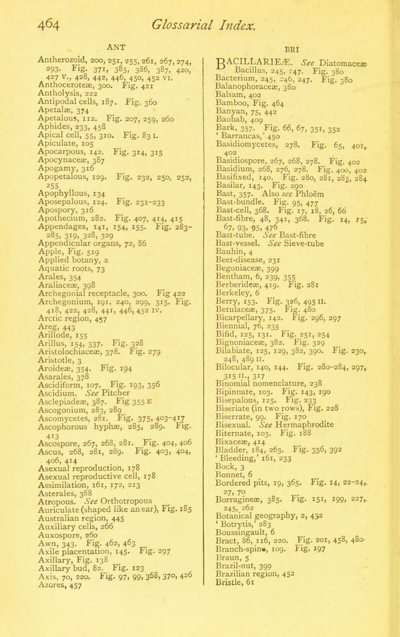 ANT Antherozoid, 200, 251, 255, 261, 267,274, 293. Fig. 371, 385, 386, 387, 420, 427 v., 428, 442, 446, 450, 452 VI. Anthoceroteae, 300. Fig. 421 Antholysis, 222 Antipodal cells, 187. Fig. 360 Apetalae, 374 Apetalous, 112. Fig. 207, 259, 260 Aphides, 233, 458 Apical cell, 55, 310. Fig. 83 i. Apiculate, 105 Apocarpous, 142. Fig. 314, 315 Apocynacea;, 387 Apogamy, 316 Apopetalous, 129. Fig. 232, 250, 252, 255 Apophyllous, 134 Aposepalous, 124. Fig. 231-233 Apospory, 316 Apothecium, 282. Fig. 407, 414, 415 Appendages, 141, 154, 155. Fig. 283- 285, 3.19. 328, 329 Appendicular organs, 72, 86 Apple, Fig. 519 Applied botany, 2 Aquatic roots, 73 Arales, 354 Araliaceae, 398 Archegonial receptacle, 300. Fig 422 Archegonium, igi, 240, 299, 315. Fig. 418, 422j 428, 441, 446,452 IV. Arctic region, 457 Areg, 443 Arillode, 155 Arillus, 154, 337. Fig. 328 Aristolochiacese, 378. Fig. 279 Aristotle, 3 Aroideae, 354. Fig. 194 Asarales, 378 Ascidiform, 107. Fig. 193, 356 Ascidium. See Pitcher Asclepiadeae, 387. Fig 355 E Ascogonium, 283, 289 Ascomycetes, 281. Fig. 375, 403-417 Ascophorous hyphae, 285, 289. Fig. 413 Ascospore, 267, 268, 281. Fig. 404, 406 Ascus, 268, 281, 289. Fig. 403, 404, 406, 414 Ase-xual reproduction, 178 Asexual reproductive cell, 178 Assimilation, 161, 172, 213 Asterales, 388 Atropous. See Orthotropous Auriculate (shaped like an ear). Fig. 185 Australian region, 445 Auxiliary cells, 266 Auxospore, 260 Awn, 343. Fig. 462, 463 Axile placentation, 145. Fig. 297 Axillary, Fig. 138 Axillary bud, 82. Fig. 123 Axis, 70, 220. Fig. 97, 99i 3^8, 370. 420 Azores, 457 BRI ■pACILLARIE^E. See Diatomacea Bacillus, 245, r47. Fig. 3B0 Bacterium, 245, 24b, 247. Fig. 380 Balanophoracea;, 380 Balsam, 402 Bamboo, Fig. 464 Banyan, 75, 442 Baobab, 409 Bark, 357. Fig. 66, 67, 351, 352 Barrancas,' 450 Basidiomycetes, 278. Fig. 65, 401, 402 Basidiospore, 267, 268, 278. Fig. 402 Basidium, 268, 276, 278. Fig. 400, 402 Basifixed, 140. Fig. 280, 281, 283, 284 Basilar, 143. Fig. 290 Bast, 357. Also see Phloem Bast-bundle. Fig. 95, 477 Bast-cell, 368. Fig. 17, 18, 26, 66 Bast-fibre, 48, 341, 368. Fig. 14, 75,. 67. 93> 95. 476 Bast-tube. See Bast-fibre Bast-vessel. See Sieve-tube Bauhin, 4 Beet-disease, 231 Begoniaceae, 399 Bentham, 6, 239, 355 Berberideas, 419. Fig. 281 Berkeley, 6 Berry, 153. Fig. 326, 495 II. Betulaceae, 375. Fig. 480 Bicarpellary, 142. Fig. 296, 297 Biennial, 76, 235 Bifid, 125, 131. Fig. 251, 254 Bignoniacea;, 382. Fig. 329 Bilabiate, 125, 129, 382, 390. Fig. 230, 248, 489 II. Bilocular, 140, 144. Fig. 280-284, 297, 315 •. 317 Binomial nomenclature, 238 Bipinnate, 103. Fig. 143, igo Bisepalous, 125. Fig. 233 Biseriate (in two rows). Fig. 228 Biserrate, 99. Fig. 170 Bisexual. See Hermaphrodite Biternate, 103. Fig. 188 Bixaceae, 414 Bladder, 184, 263. Fig. 356, 392 ' Bleeding,' 161, 233 Bock, 3 Bonnet, 6 Bordered pits, 19, 365. Fig. 14, 22-24, 7? Borragineffi, 385. Fig. 151, 199, 227, 245, 262 Botanical geography, 2, 432 ' Botrytis,' 283 Boussingault, 6 Bract, 86, 116, 220. Fig. 201, 458, 480 Branch-spin*, 109. Fig. 197 Braun, 5 Brazil-nut, 359 Brazilian region, 452 Bristle, 61