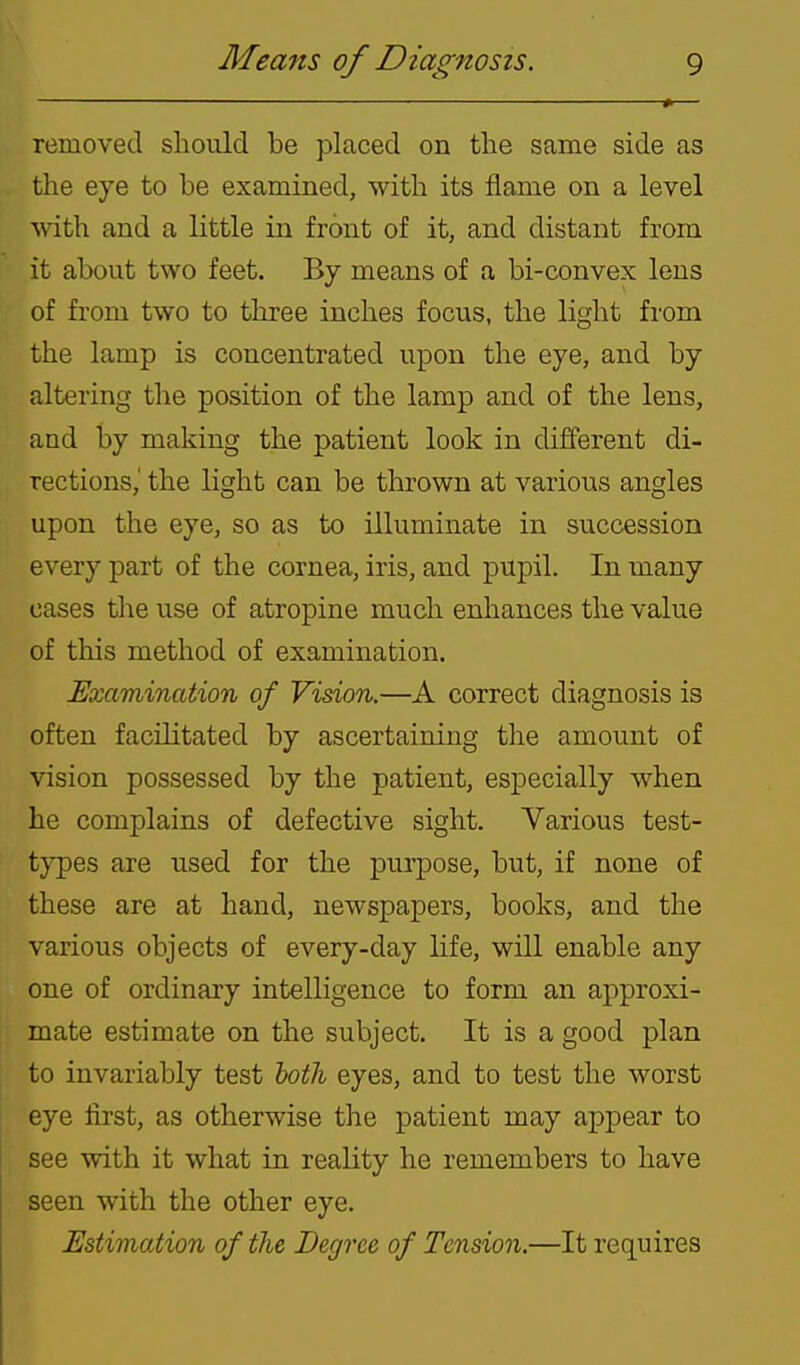•— removed should be placed on the same side as the eye to be examined, with its flame on a level with and a little in front of it, and distant from it about two feet. By means of a bi-convex lens of from two to three inches focus, the light from the lamp is concentrated upon the eye, and by altering the position of the lamp and of the lens, and by making the patient look in different di- rections,' the light can be thrown at various angles upon the eye, so as to illuminate in succession every part of the cornea, iris, and pupil. In many cases the use of atropine much enhances the value of this method of examination. Examination of Vision.—A correct diagnosis is often facilitated by ascertaining the amount of vision possessed by the patient, especially when he complains of defective sight. Various test- types are used for the purpose, but, if none of these are at hand, newspapers, books, and the various objects of every-day life, will enable any one of ordinary intelligence to form an approxi- mate estimate on the subject. It is a good plan to invariably test hotli eyes, and to test the worst eye first, as otherwise the patient may appear to see with it what in reality he remembers to have seen with the other eye. Estimation of the Degree of Tension.—It requires